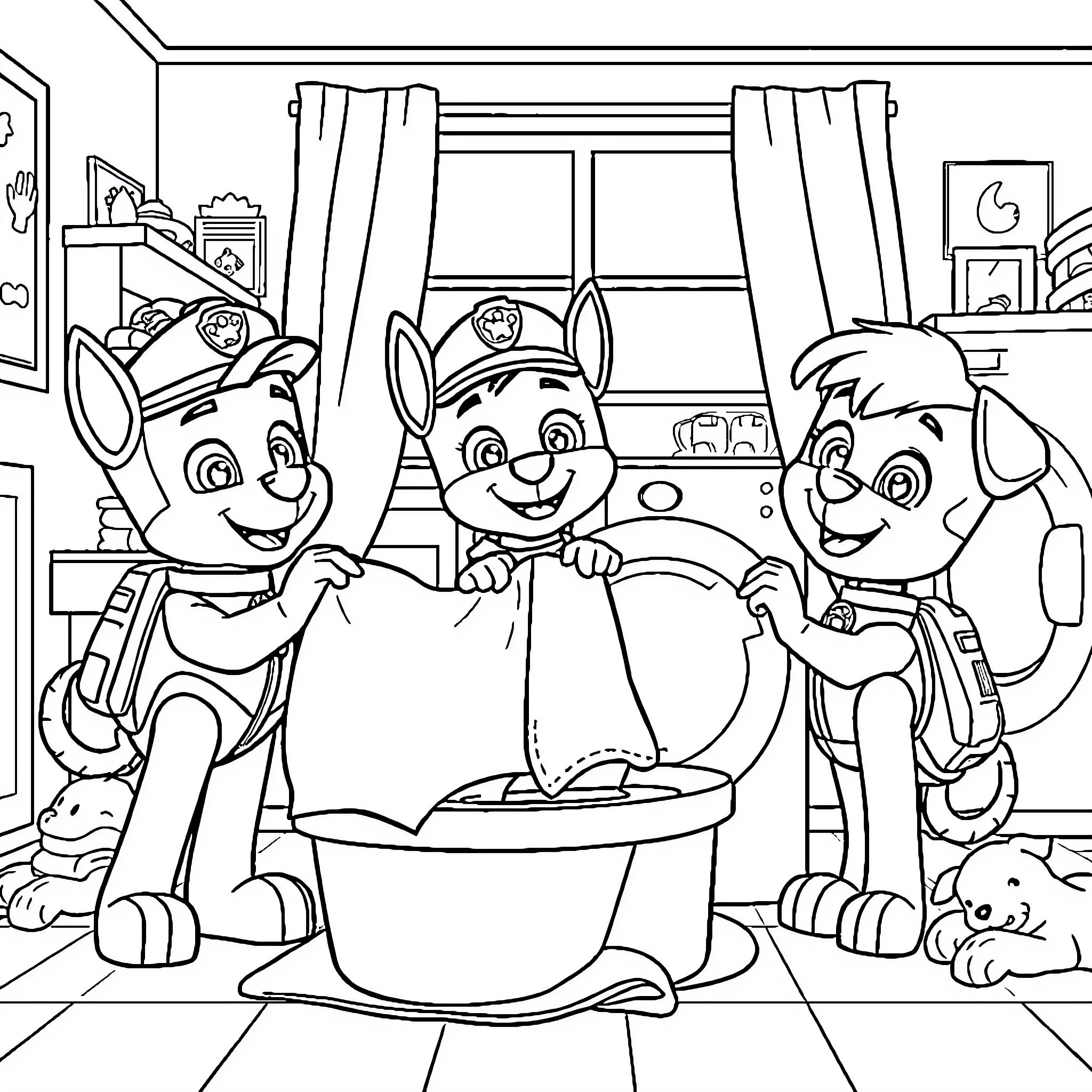 Paw Patrol Puppies Assisting in the Kitchen Coloring Page (free black-and-white line drawing printable PDF for all, from beginners to advanced learners, including children, teens, adults, and seniors)