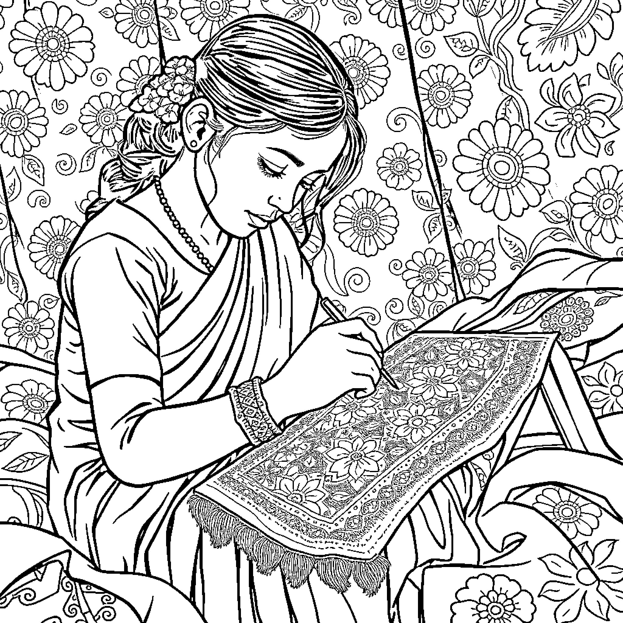 Girl Admiring Intricate Floral Patterns Coloring Page (free black-and-white line drawing printable PDF for all, from beginners to advanced learners, including children, teens, adults, and seniors)