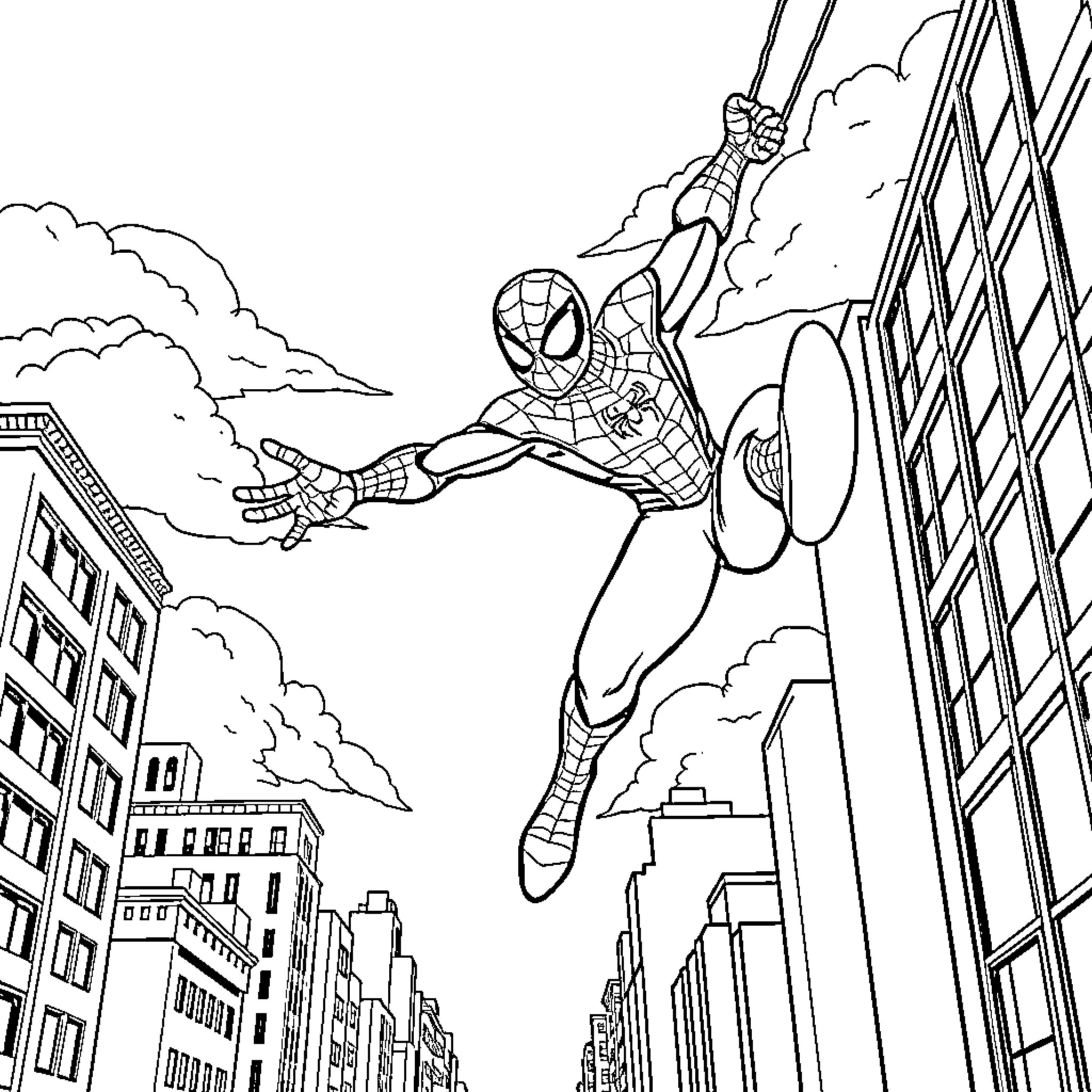 Spiderman swinging through the city in action-packed scene Coloring Page (free black-and-white line drawing printable PDF for all, from beginners to advanced learners, including children, teens, adults, and seniors)