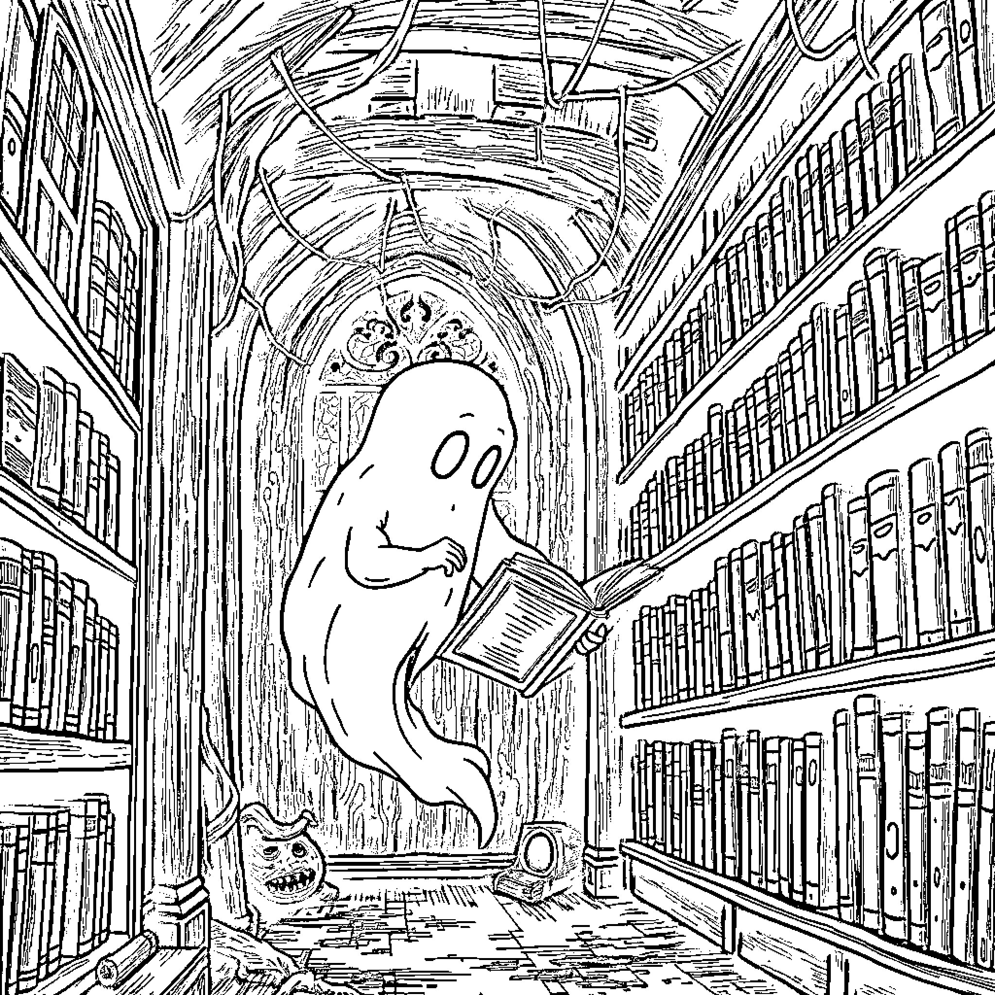 Ghost Reading Happily in Ancient Library Coloring Page (free black-and-white line drawing printable PDF for all, from beginners to advanced learners, including children, teens, adults, and seniors)