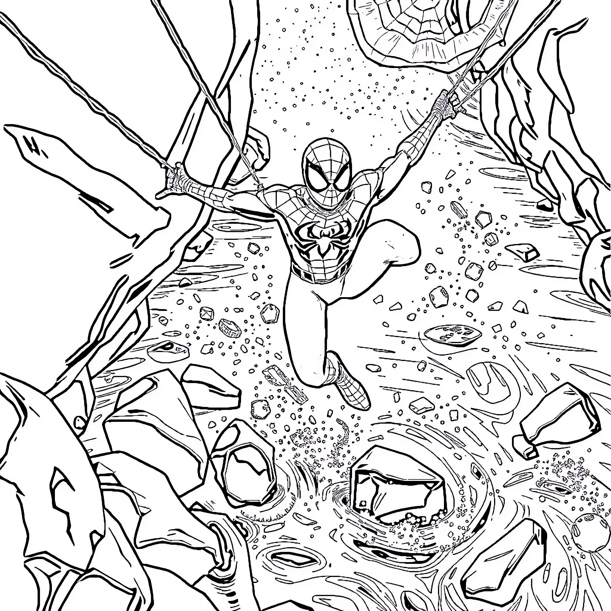Spiderman swinging through a web-filled environment Coloring Page (free black-and-white line drawing printable PDF for all, from beginners to advanced learners, including children, teens, adults, and seniors)