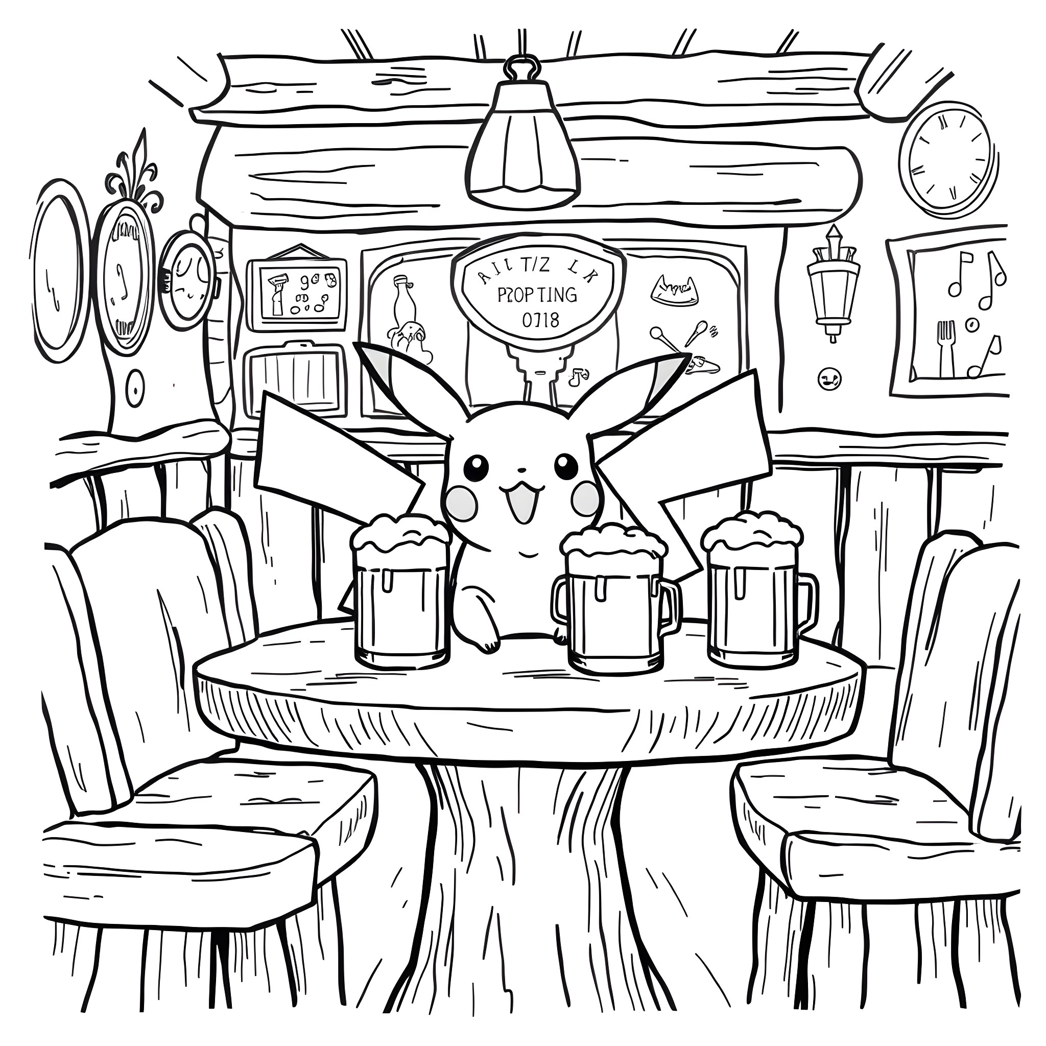 Pikachu enjoying drinks at a pub Coloring Page (free black-and-white line drawing printable PDF for all, from beginners to advanced learners, including children, teens, adults, and seniors)