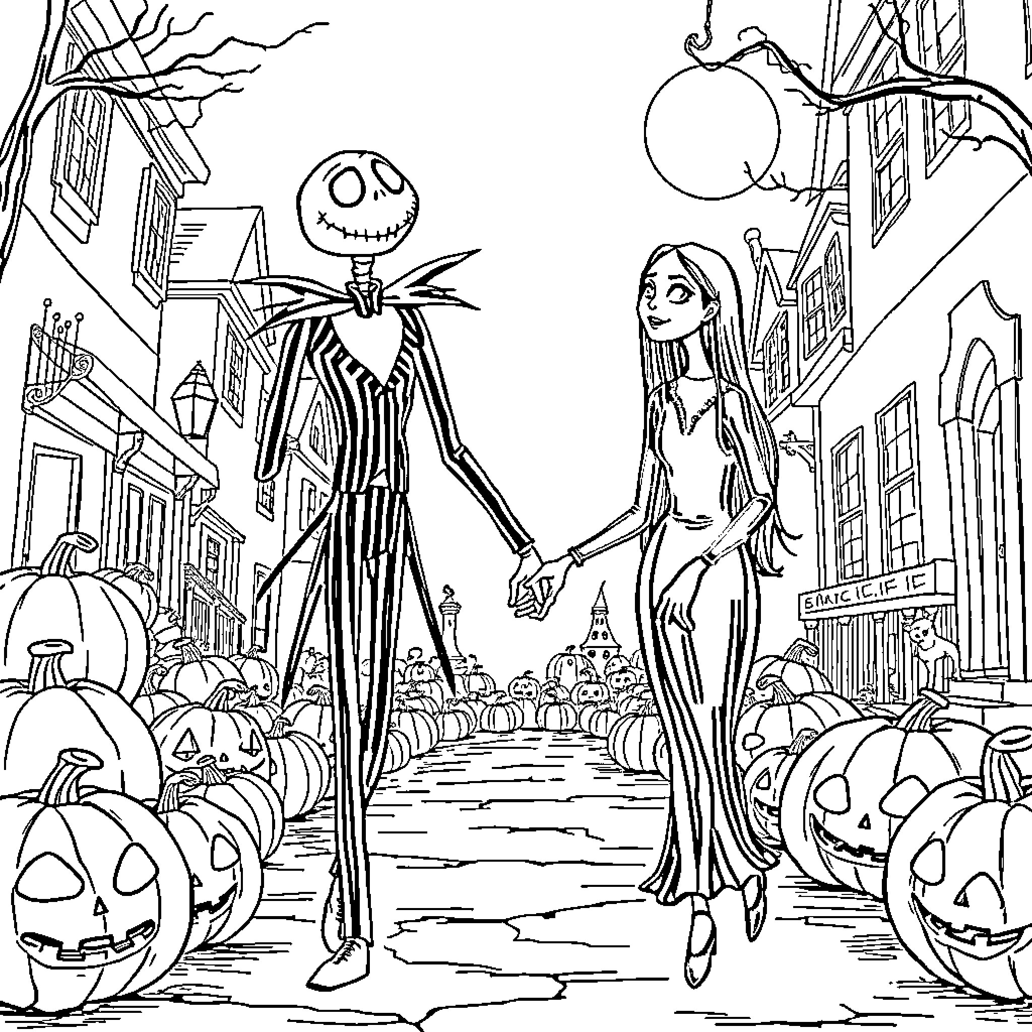 Jack Skellington and Sally in Halloween Town Coloring Page (free black-and-white line drawing printable PDF for all, from beginners to advanced learners, including children, teens, adults, and seniors)