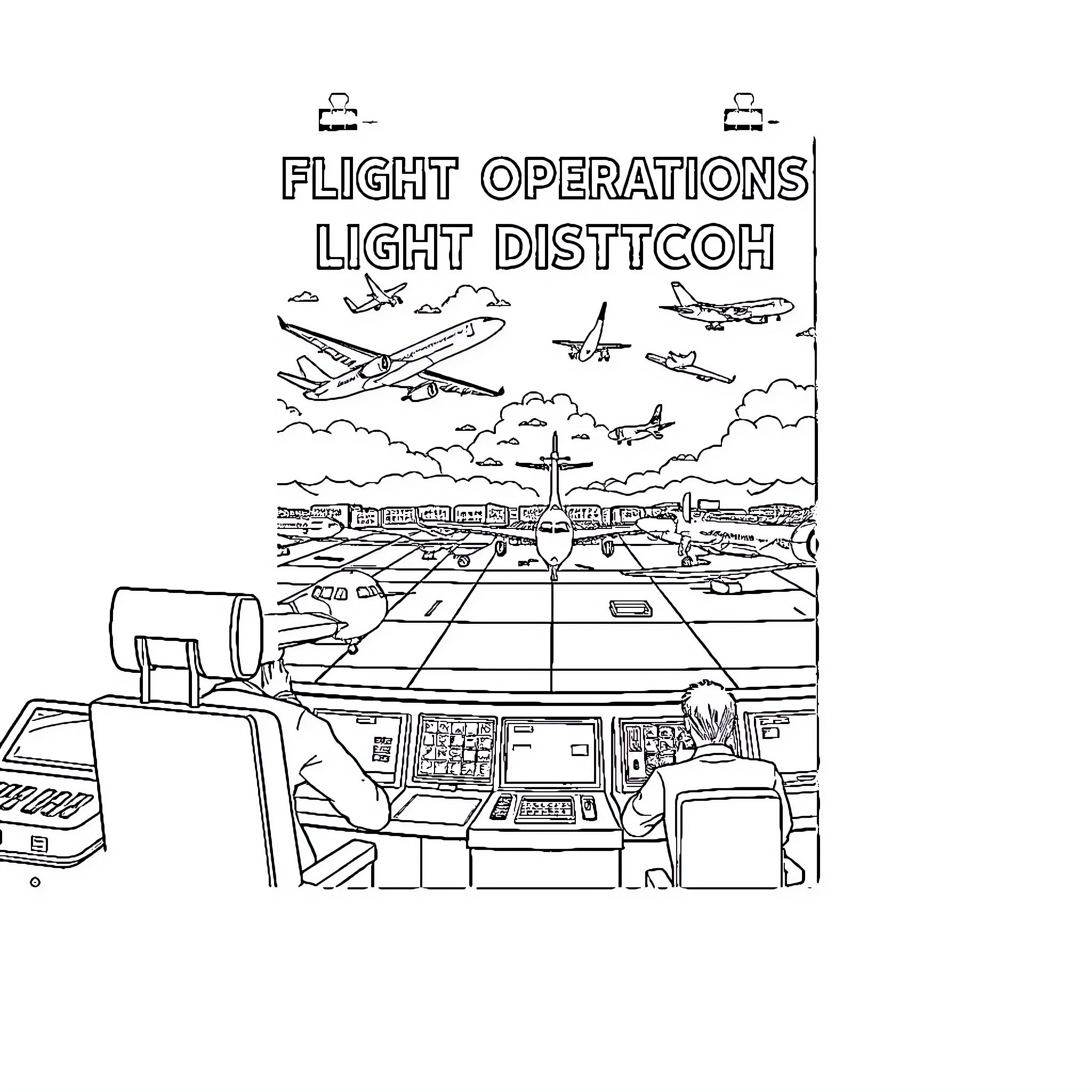 Flight Operations at the Light Distch Coloring Page (free black-and-white line drawing printable PDF for all, from beginners to advanced learners, including children, teens, adults, and seniors)