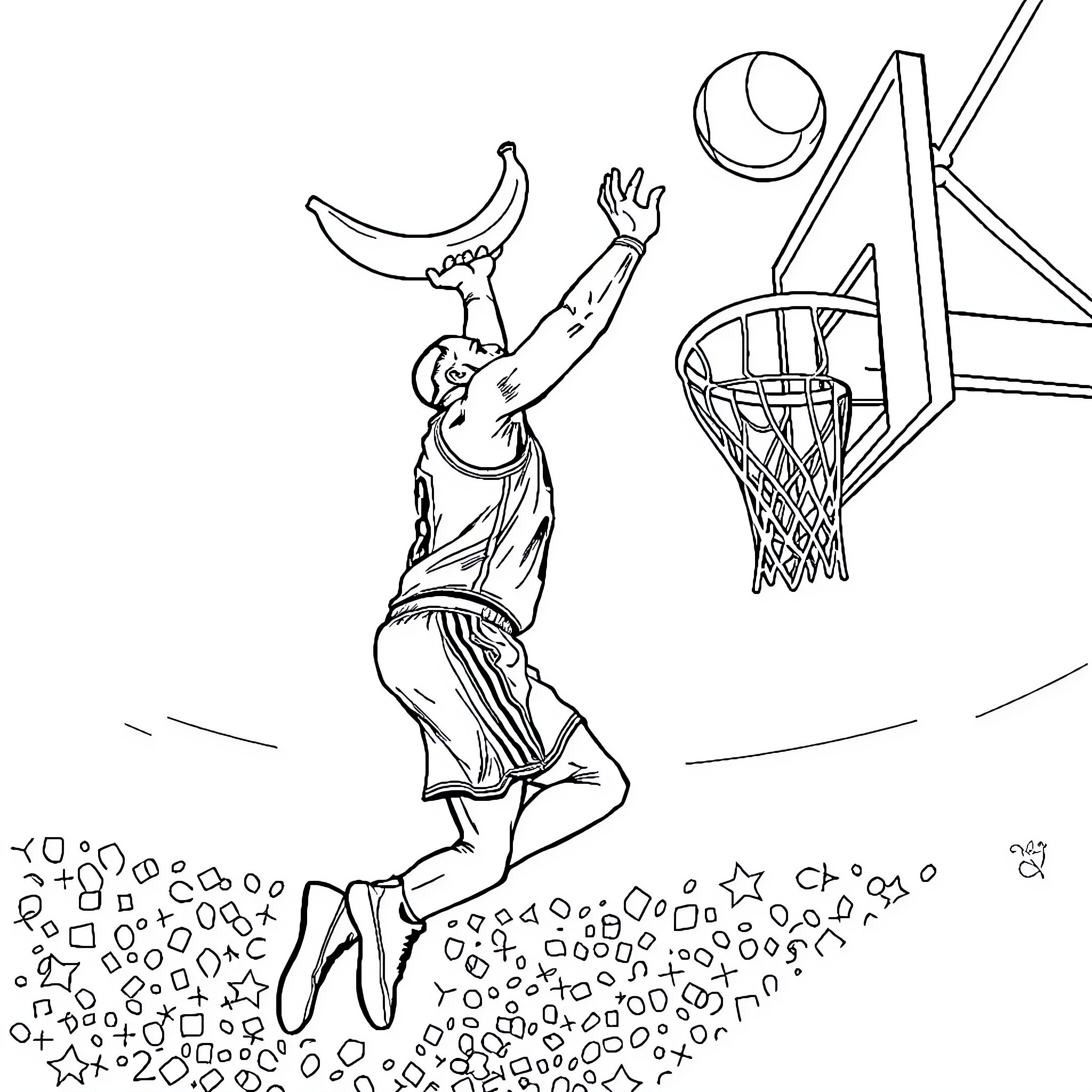 LeBron James dunking basketball with excitement Coloring Page (free black-and-white line drawing printable PDF for all, from beginners to advanced learners, including children, teens, adults, and seniors)