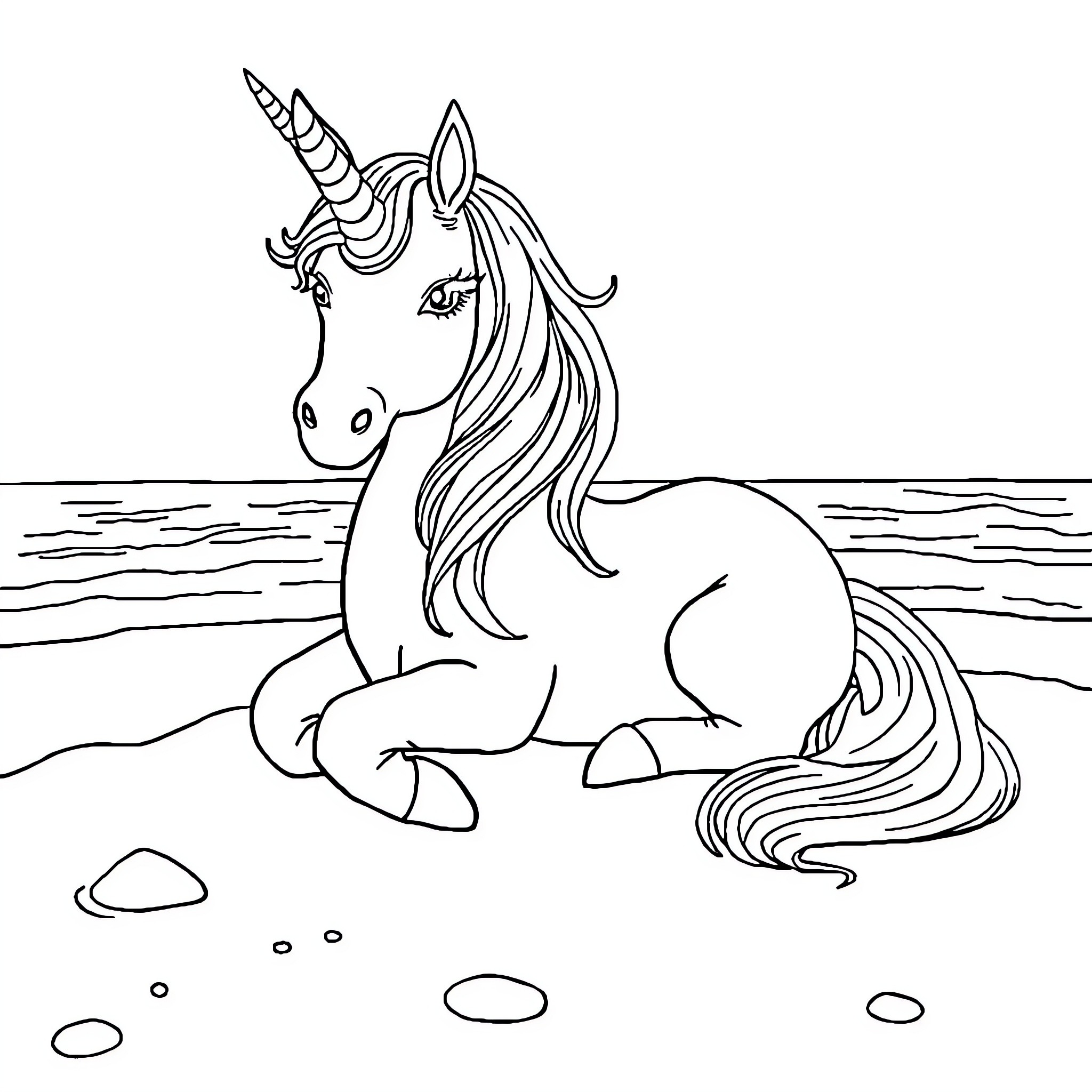 Unicorn resting peacefully by the shore Coloring Page (free black-and-white line drawing printable PDF for all, from beginners to advanced learners, including children, teens, adults, and seniors)