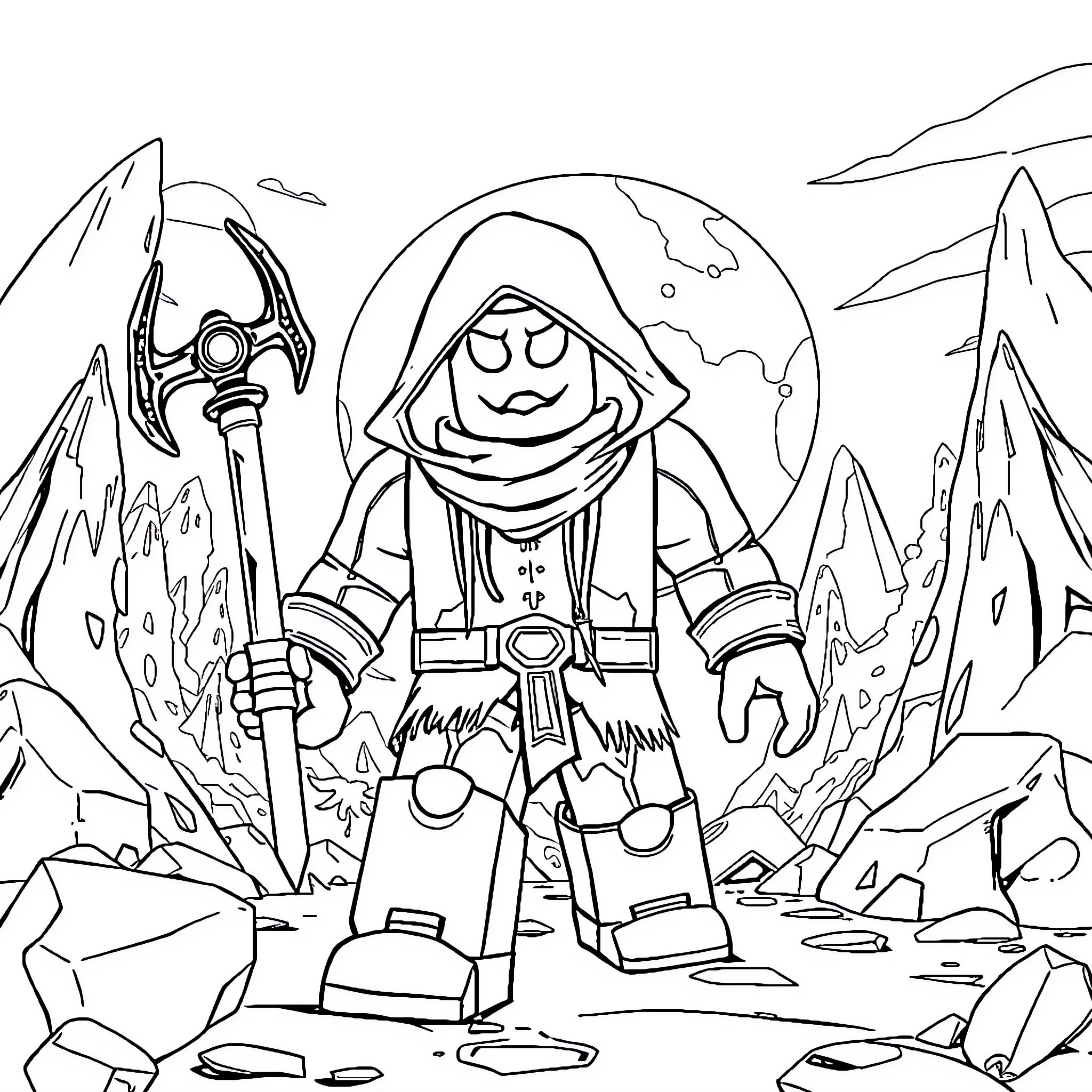 Roblox Adventurer Explores Mythical Landscape Coloring Page (free black-and-white line drawing printable PDF for all, from beginners to advanced learners, including children, teens, adults, and seniors)