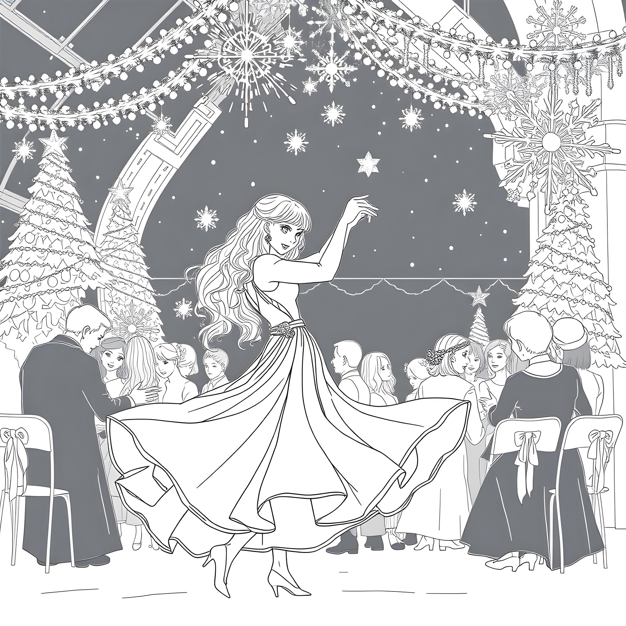 Bellatrix's Enchanting Winter Celebration Coloring Page (free black-and-white line drawing printable PDF for all, from beginners to advanced learners, including children, teens, adults, and seniors)