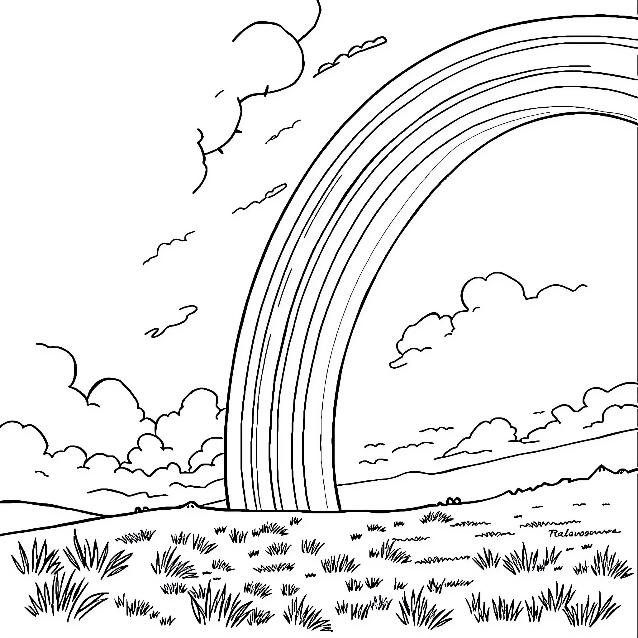 Rainbow High Scenic Landscape with Cloudy Sky Coloring Page (free black-and-white line drawing printable PDF for all, from beginners to advanced learners, including children, teens, adults, and seniors)