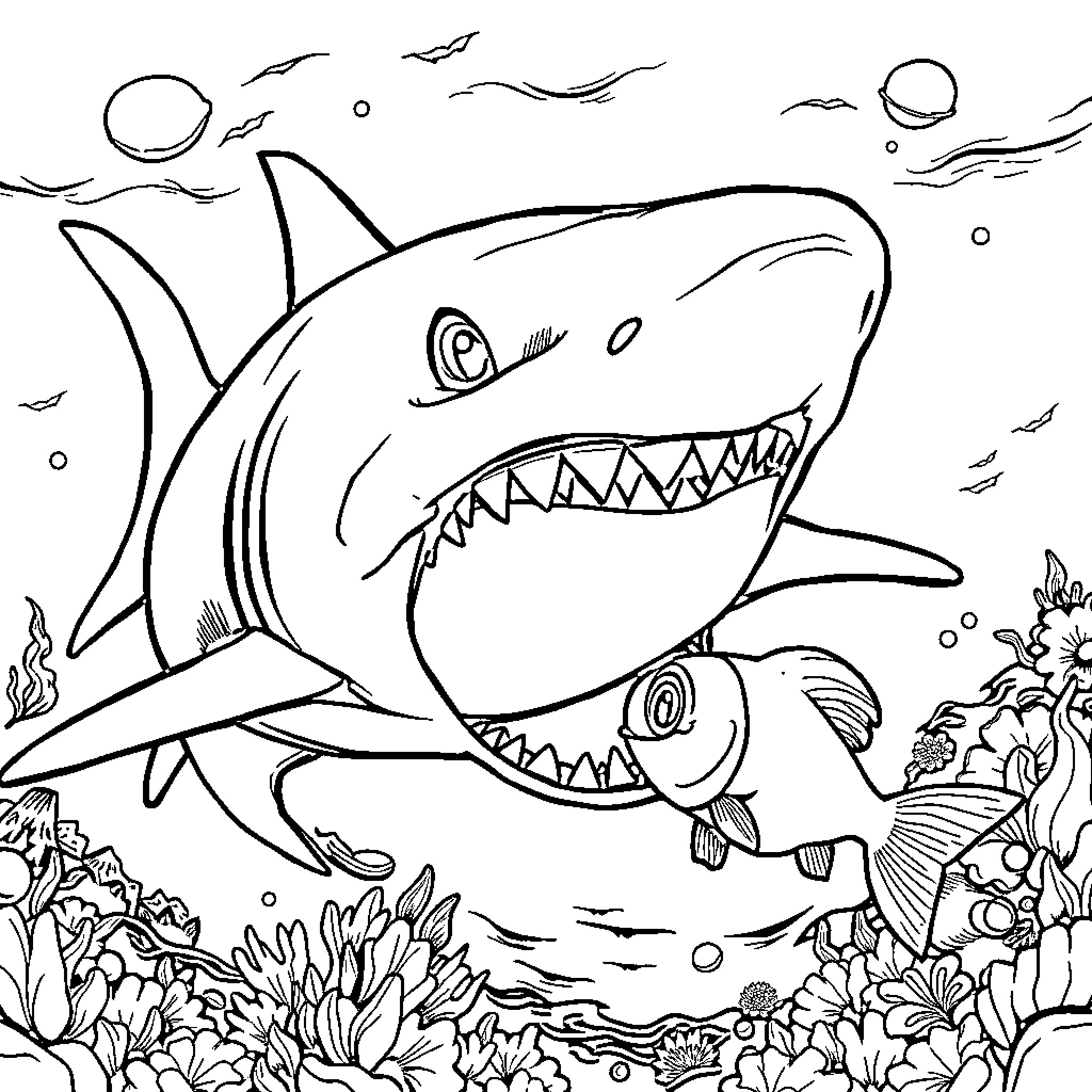 Shark with fierce expression hunting underwater Coloring Page (free black-and-white line drawing printable PDF for all, from beginners to advanced learners, including children, teens, adults, and seniors)