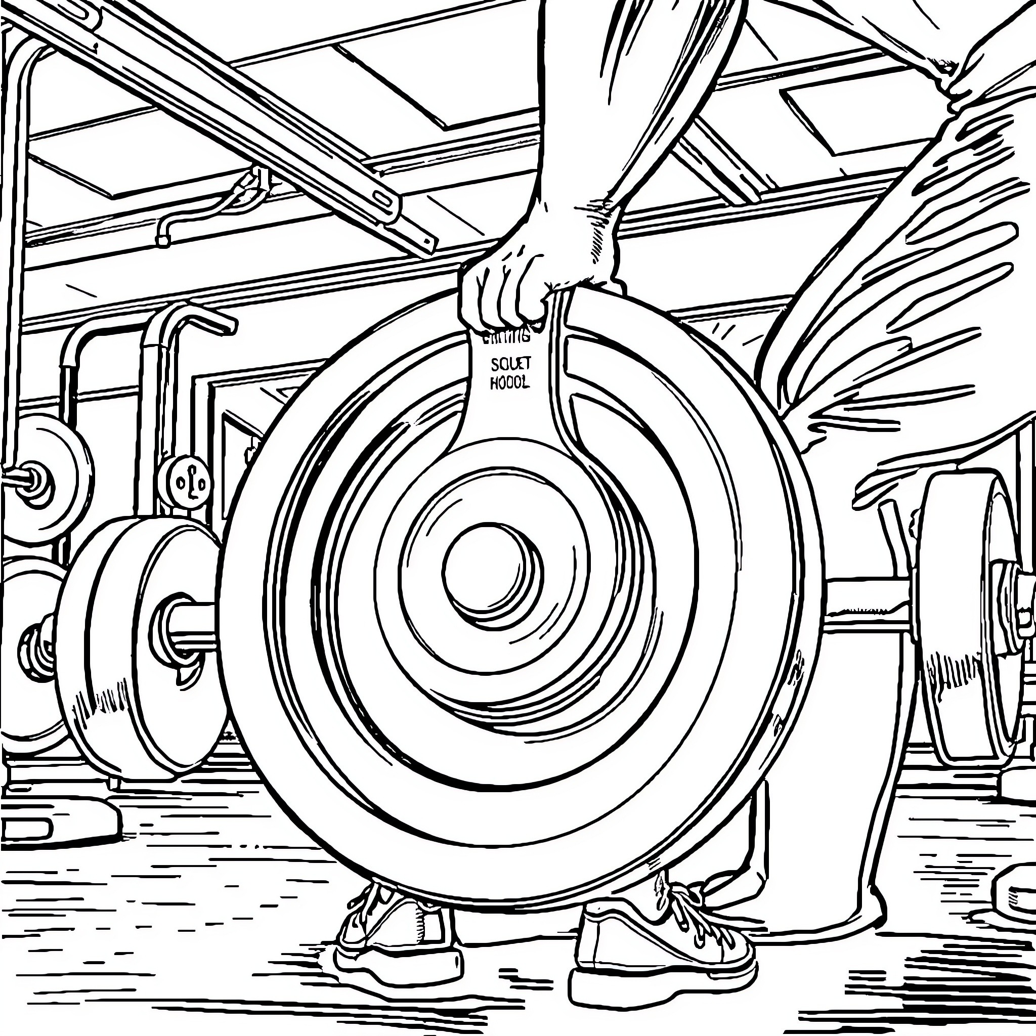 Iron Gears and Machinery in Motion Coloring Page (free black-and-white line drawing printable PDF for all, from beginners to advanced learners, including children, teens, adults, and seniors)