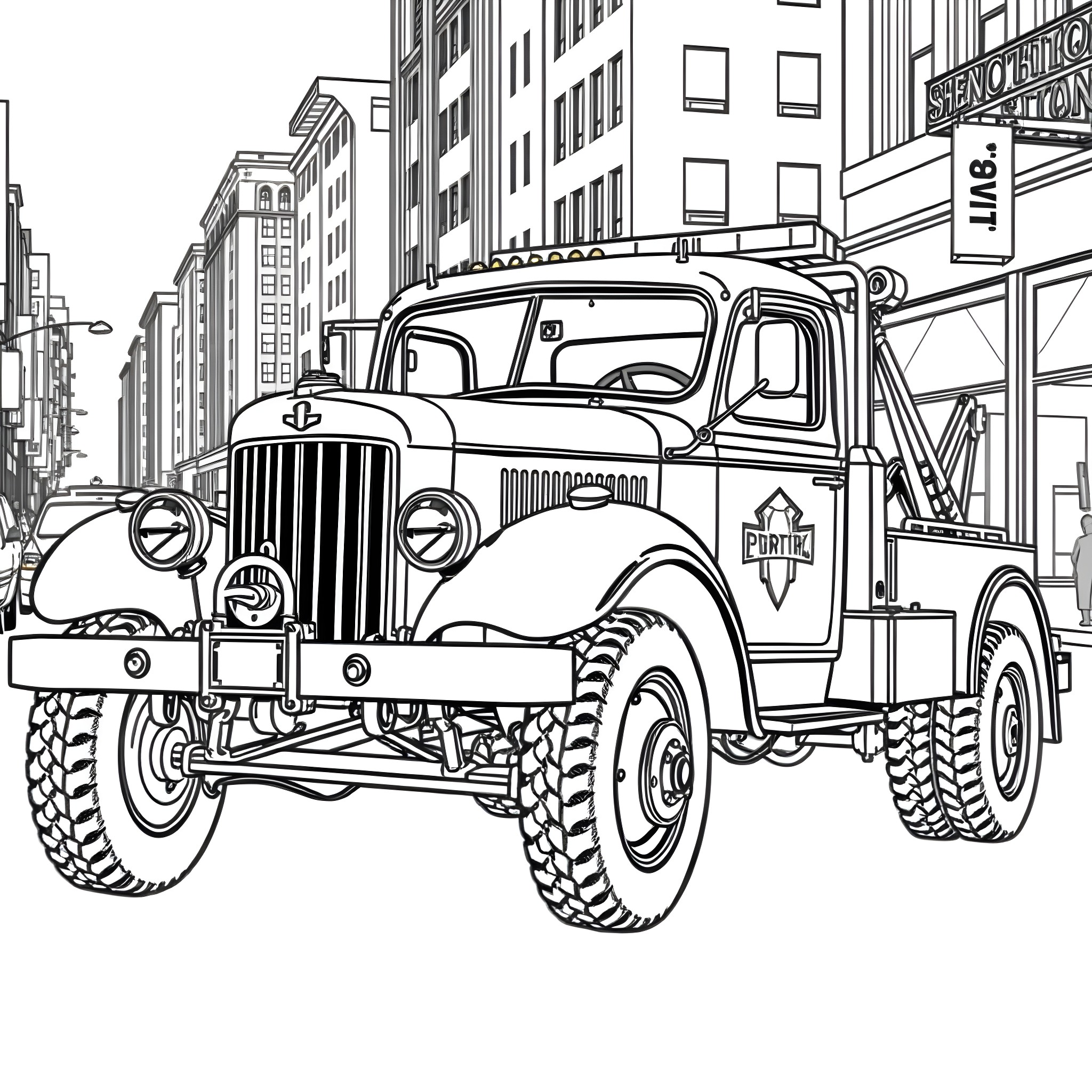 Tow Truck Hauling Vintage Vehicle on City Street Coloring Page (free black-and-white line drawing printable PDF for all, from beginners to advanced learners, including children, teens, adults, and seniors)