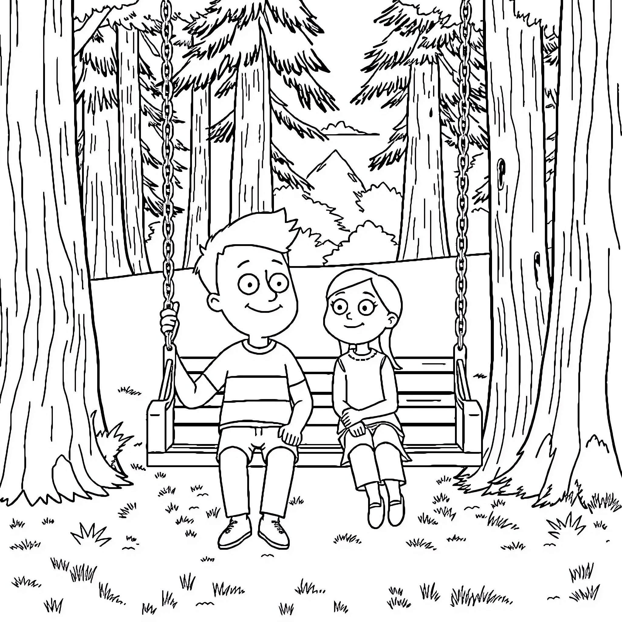 Carl and Ellie enjoying a peaceful moment on a park bench Coloring Page (free black-and-white line drawing printable PDF for all, from beginners to advanced learners, including children, teens, adults, and seniors)