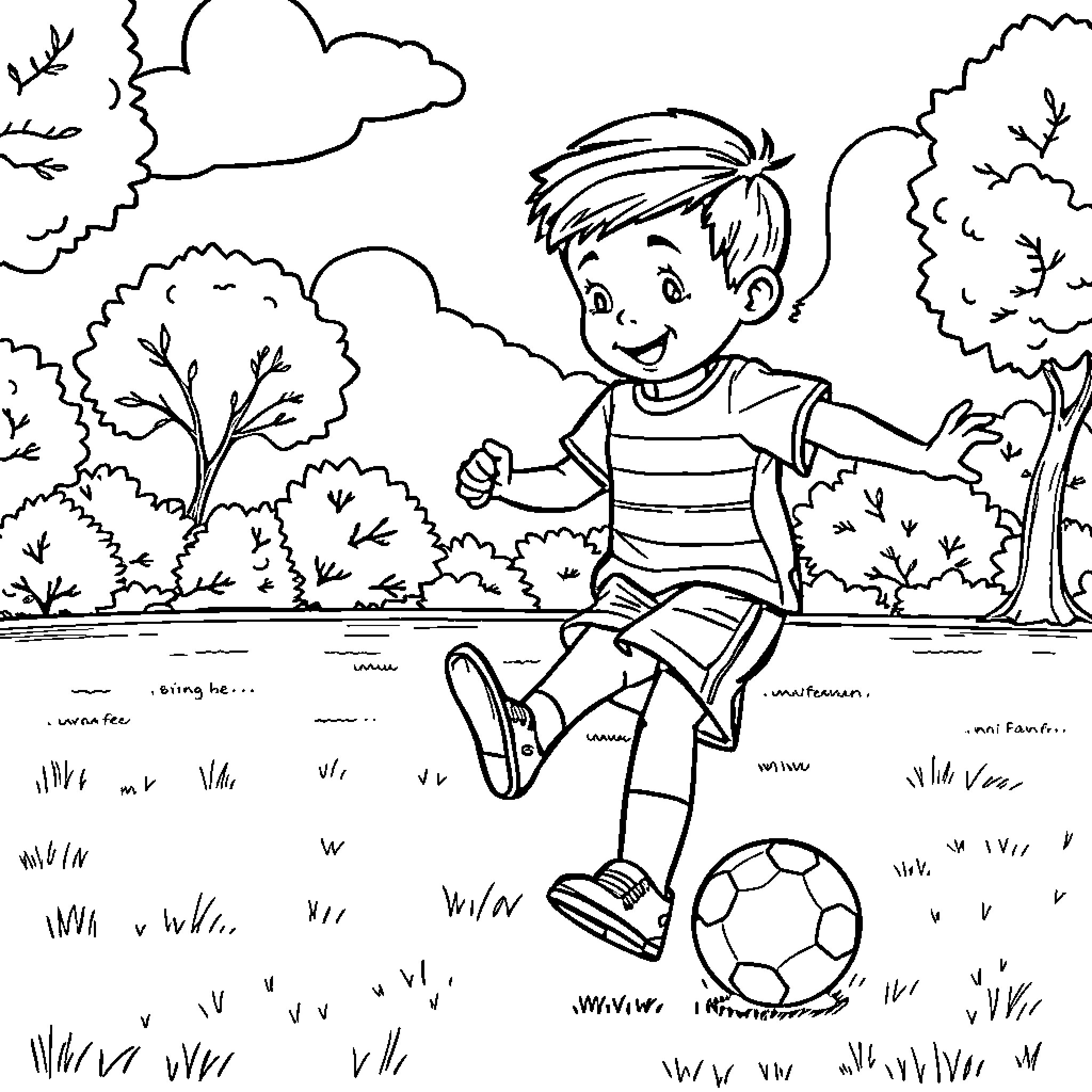 Child playing with soccer ball in park Coloring Page (free black-and-white line drawing printable PDF for all, from beginners to advanced learners, including children, teens, adults, and seniors)
