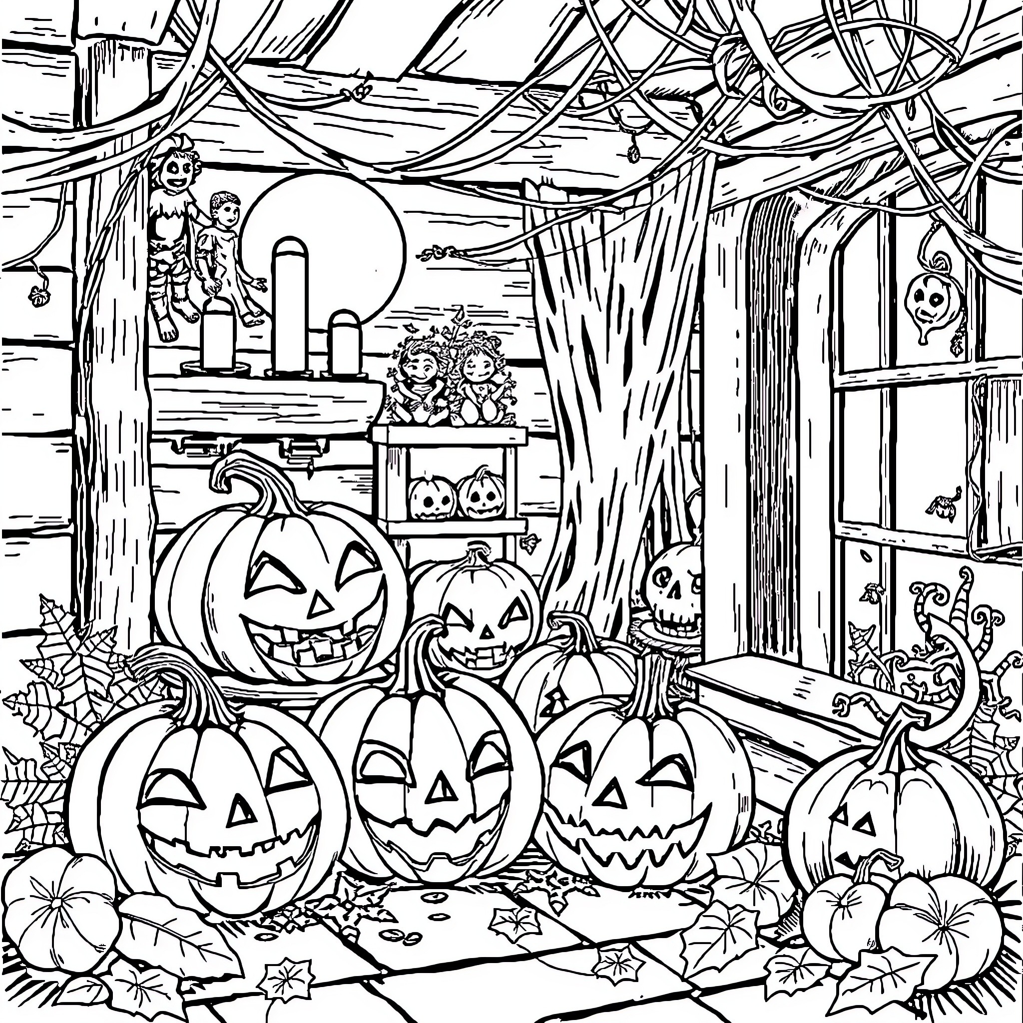 Halloween spooky pumpkin scene with decorations Coloring Page (free black-and-white line drawing printable PDF for all, from beginners to advanced learners, including children, teens, adults, and seniors)