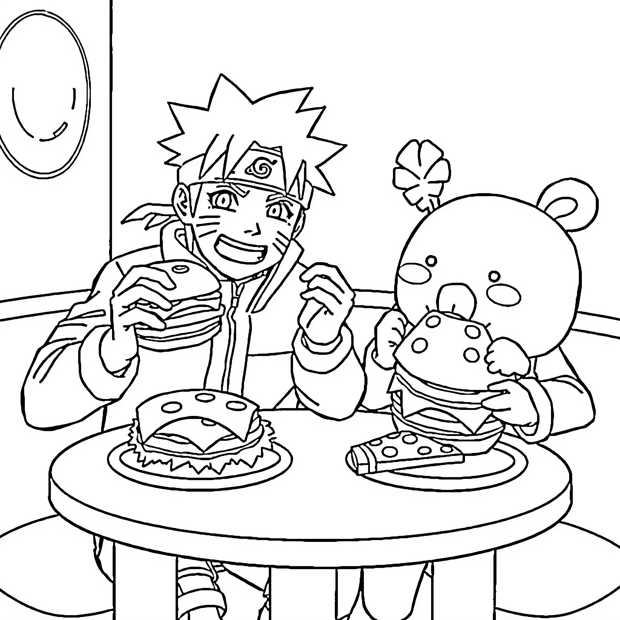 Naruto and Companions Enjoying Desserts Together Coloring Page (free black-and-white line drawing printable PDF for all, from beginners to advanced learners, including children, teens, adults, and seniors)