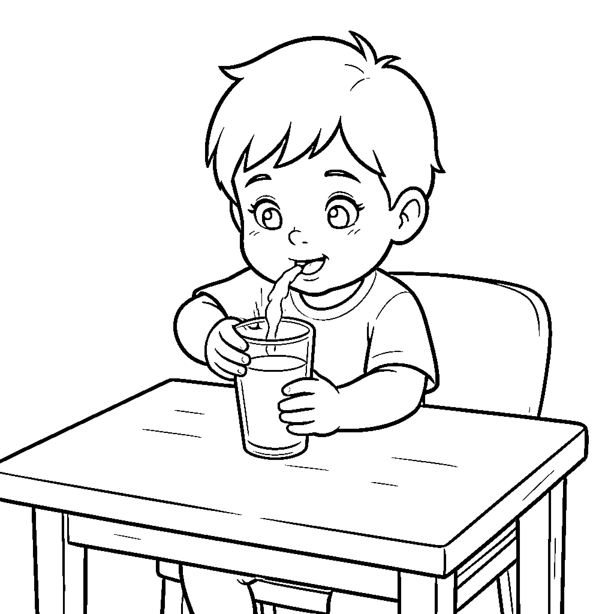 Child enjoying refreshing drink at table Coloring Page (free black-and-white line drawing printable PDF for all, from beginners to advanced learners, including children, teens, adults, and seniors)
