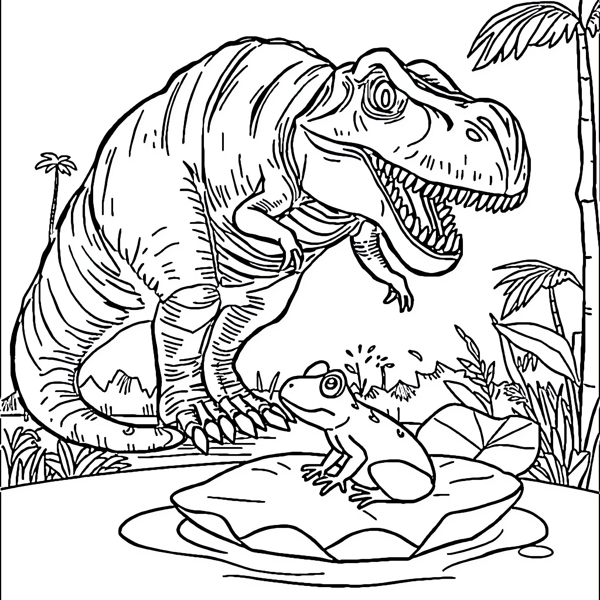 Dinosaur terrorizing small creature in jungle Coloring Page (free black-and-white line drawing printable PDF for all, from beginners to advanced learners, including children, teens, adults, and seniors)