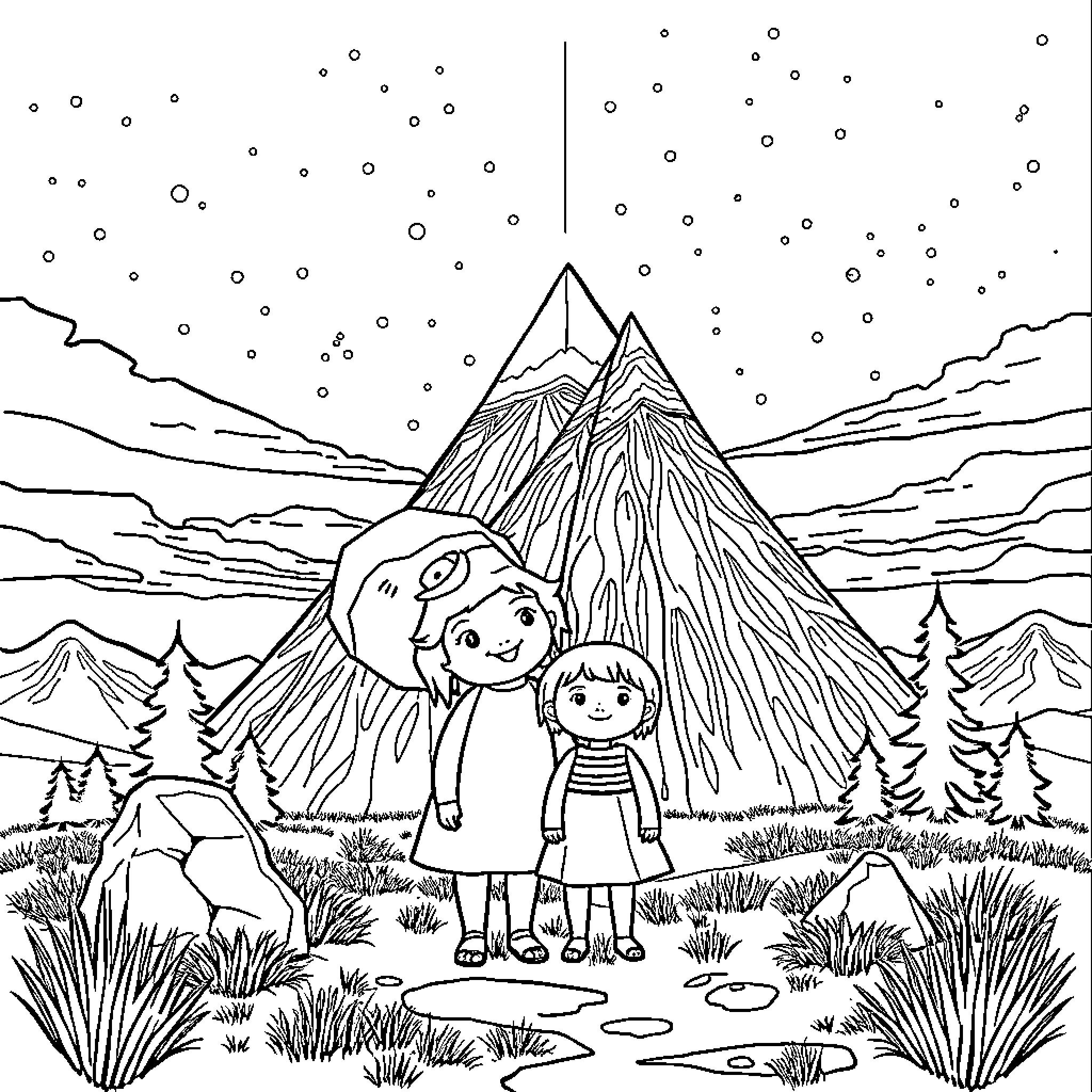 Family Enjoying Scenic Mountain Landscape Coloring Page (free black-and-white line drawing printable PDF for all, from beginners to advanced learners, including children, teens, adults, and seniors)
