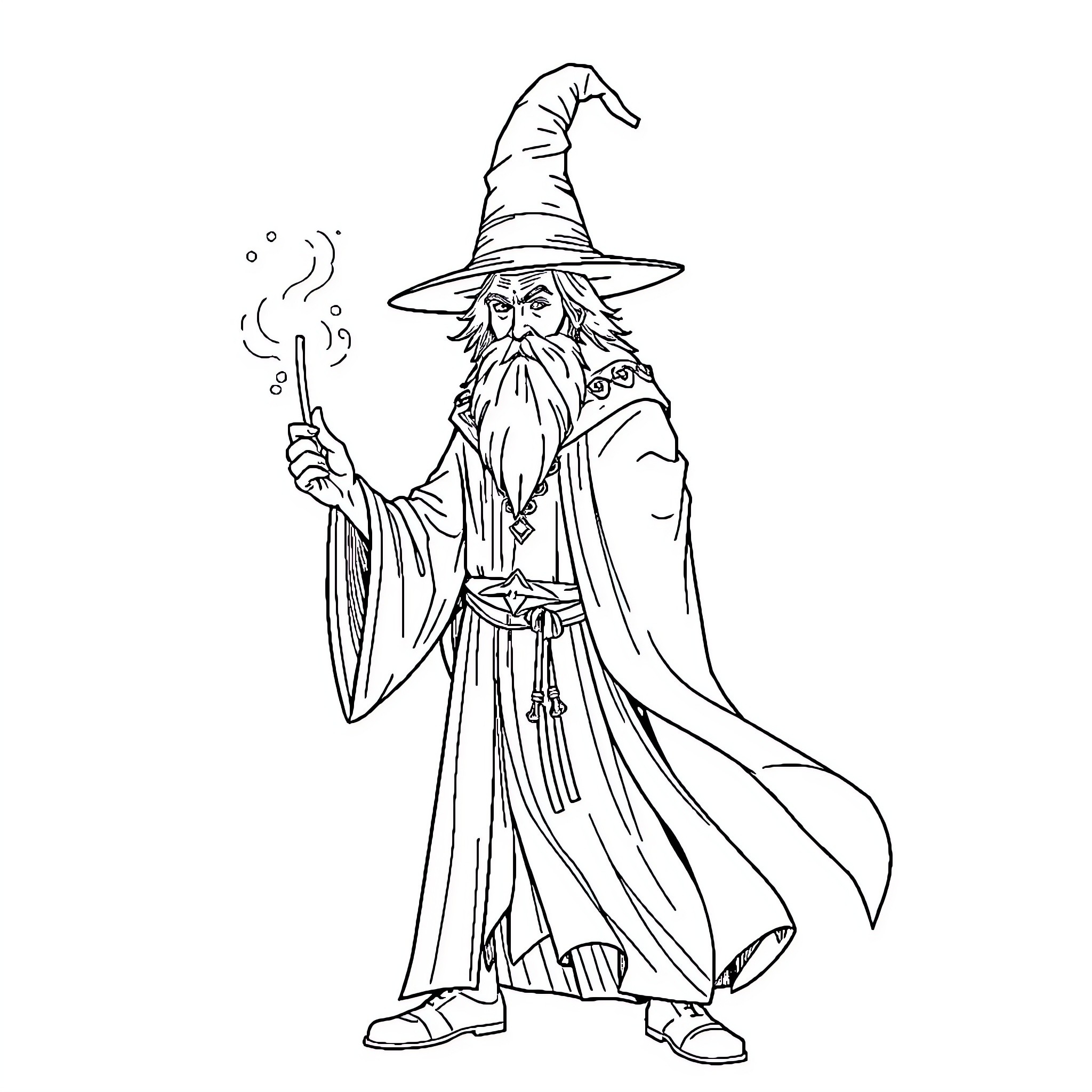 Wizard with enchanting staff and robes Coloring Page (free black-and-white line drawing printable PDF for all, from beginners to advanced learners, including children, teens, adults, and seniors)