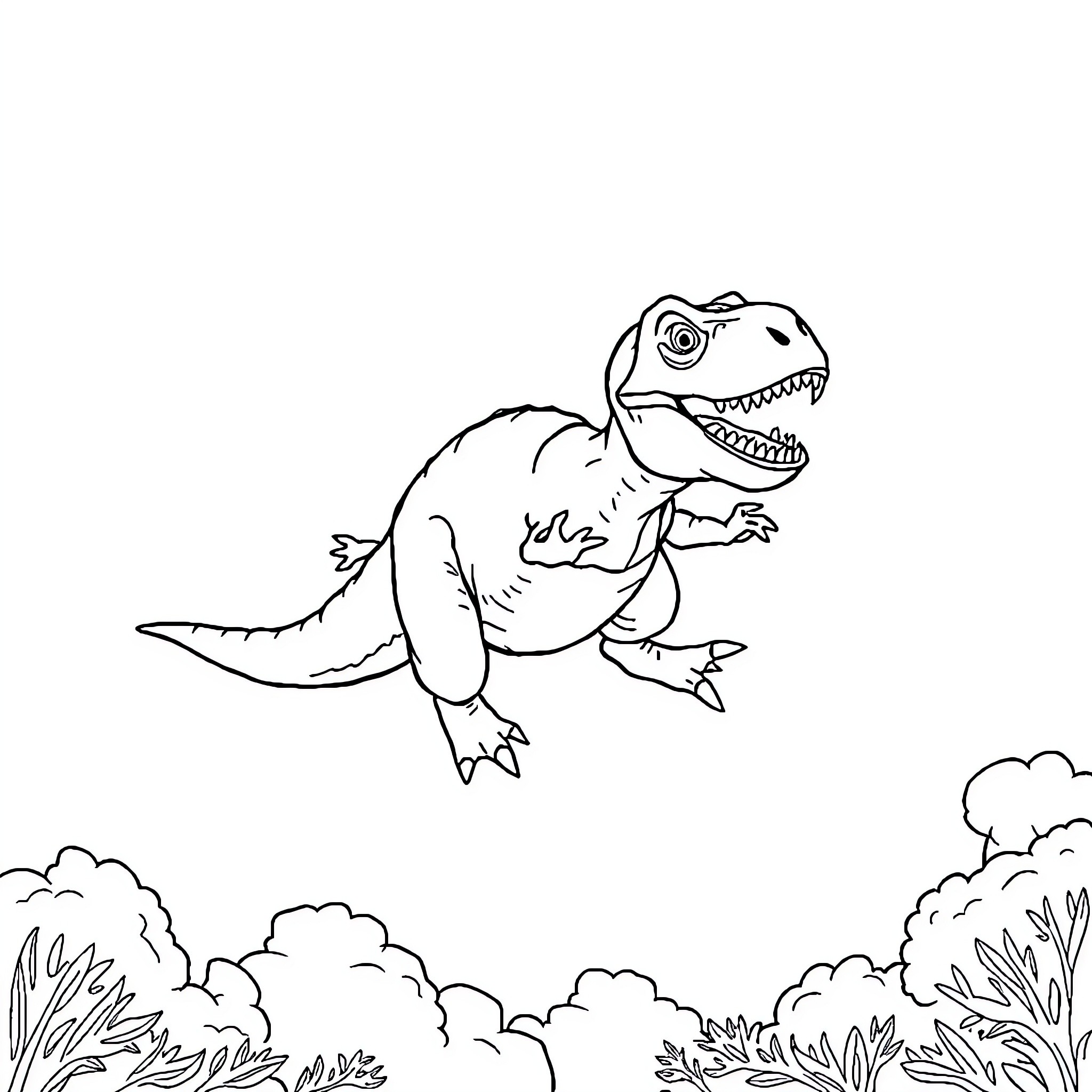 Trex roaring through the jungle Coloring Page (free black-and-white line drawing printable PDF for all, from beginners to advanced learners, including children, teens, adults, and seniors)