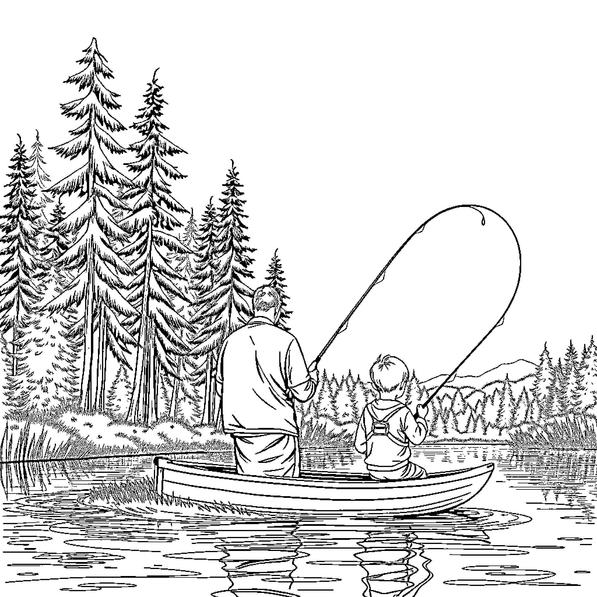 Dad fishing with child in peaceful forest lake Coloring Page (free black-and-white line drawing printable PDF for all, from beginners to advanced learners, including children, teens, adults, and seniors)