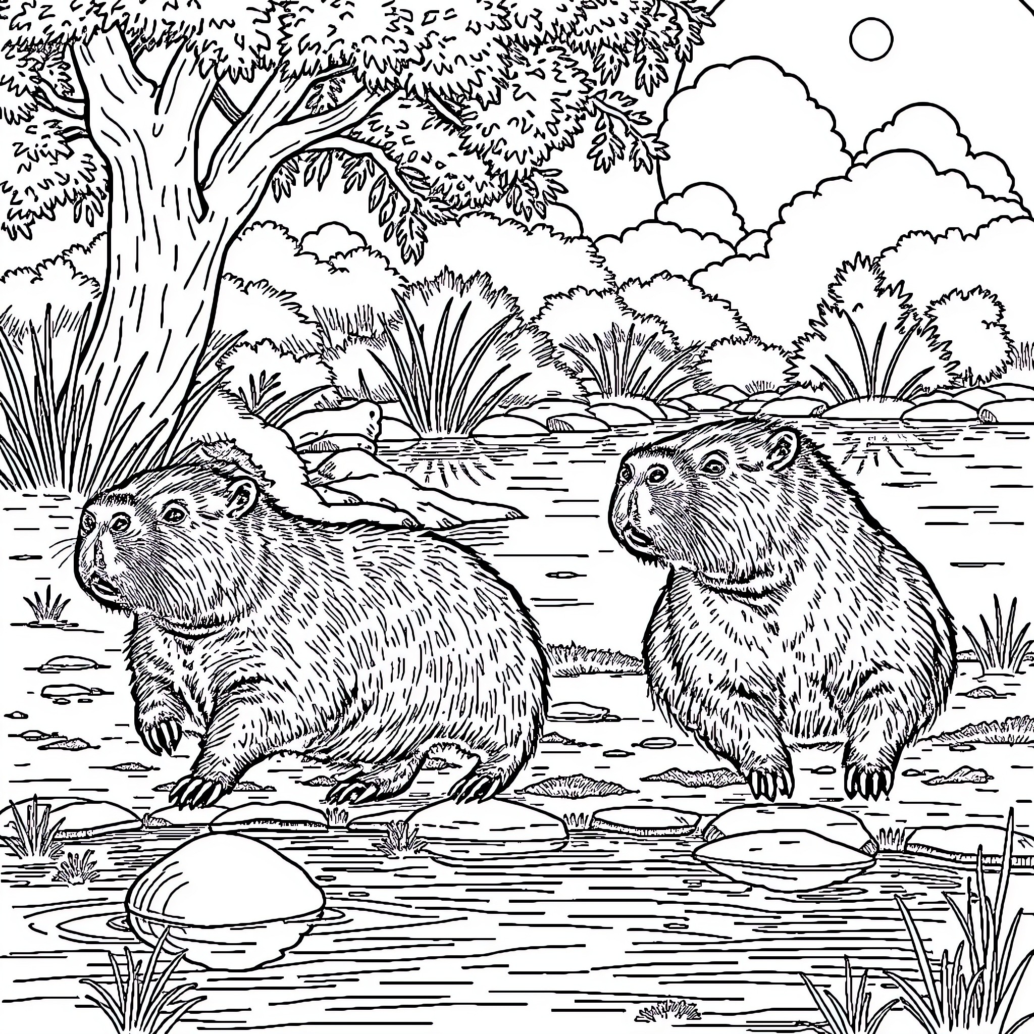 Capybaras enjoying a peaceful day by the pond Coloring Page (free black-and-white line drawing printable PDF for all, from beginners to advanced learners, including children, teens, adults, and seniors)