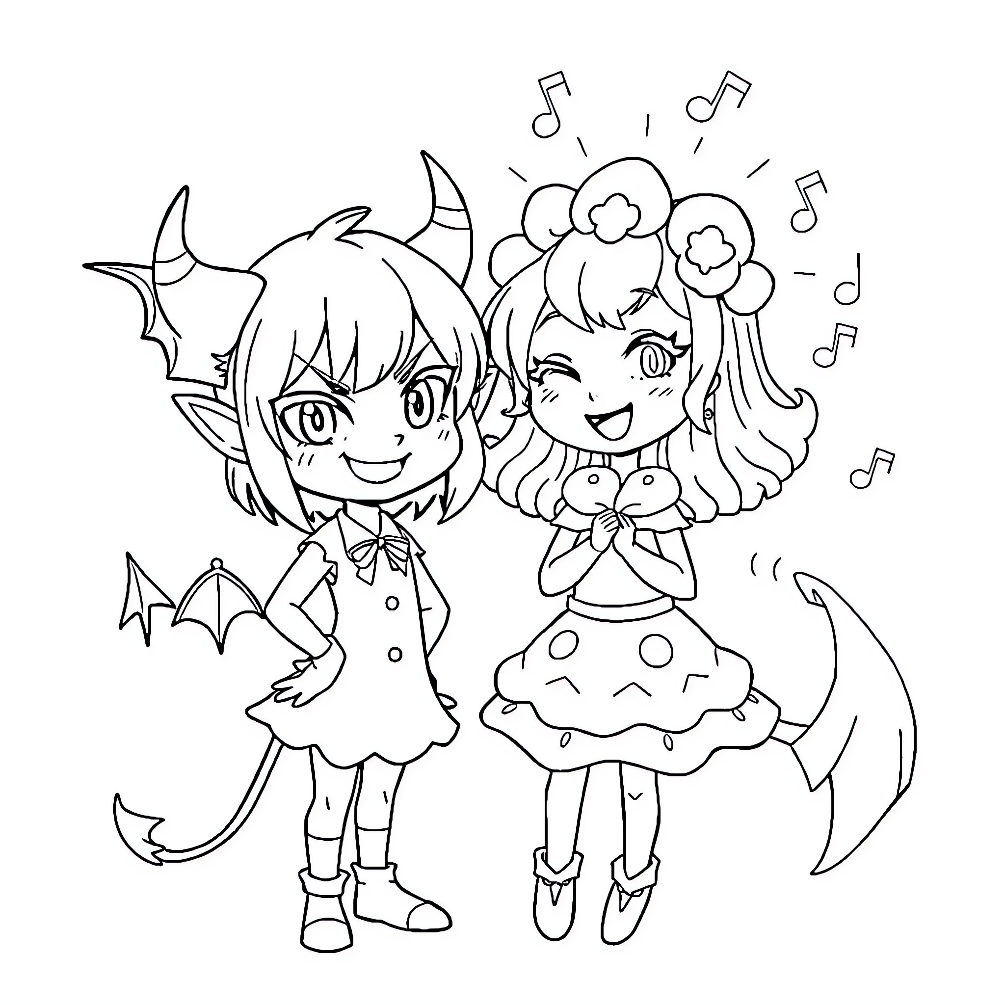 Kuromi and Cute Girl Singing and Dancing Coloring Page (free black-and-white line drawing printable PDF for all, from beginners to advanced learners, including children, teens, adults, and seniors)