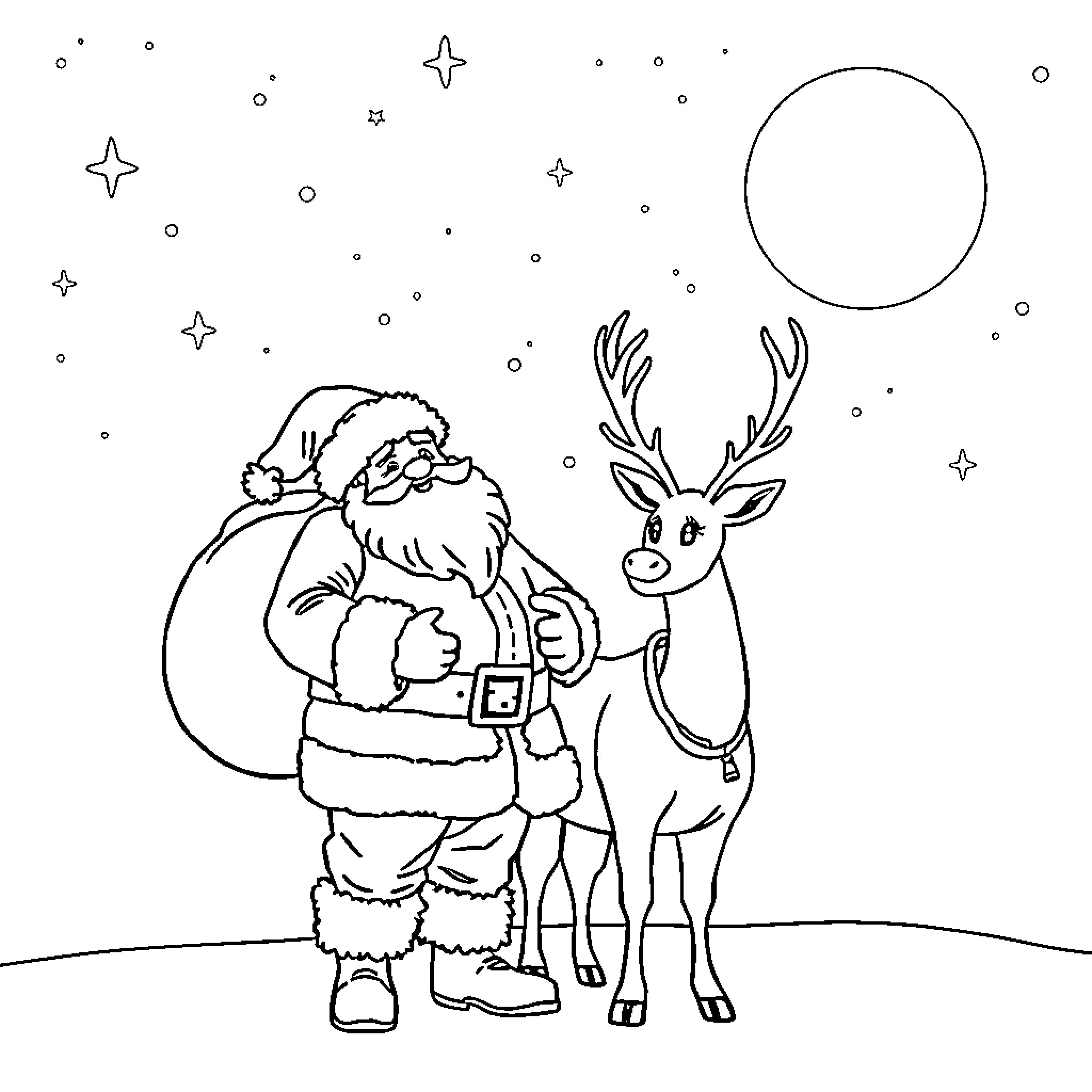 Santa with a Joyful Reindeer under the Starry Sky Coloring Page (free black-and-white line drawing printable PDF for all, from beginners to advanced learners, including children, teens, adults, and seniors)
