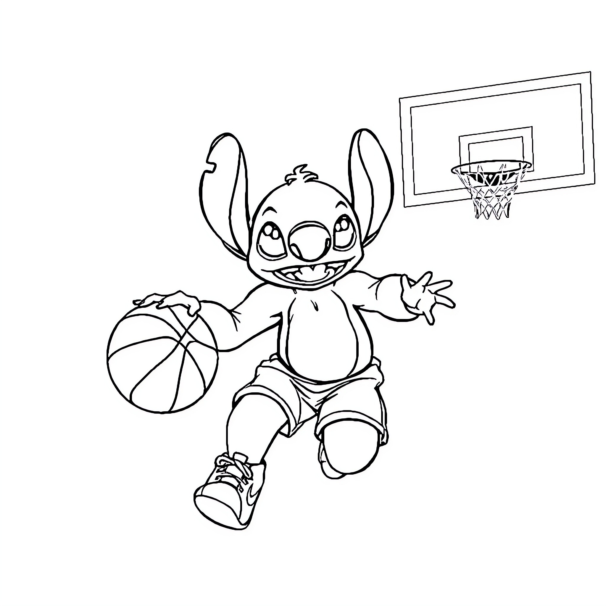 Stitch Playing Basketball Happily Coloring Page (free black-and-white line drawing printable PDF for all, from beginners to advanced learners, including children, teens, adults, and seniors)