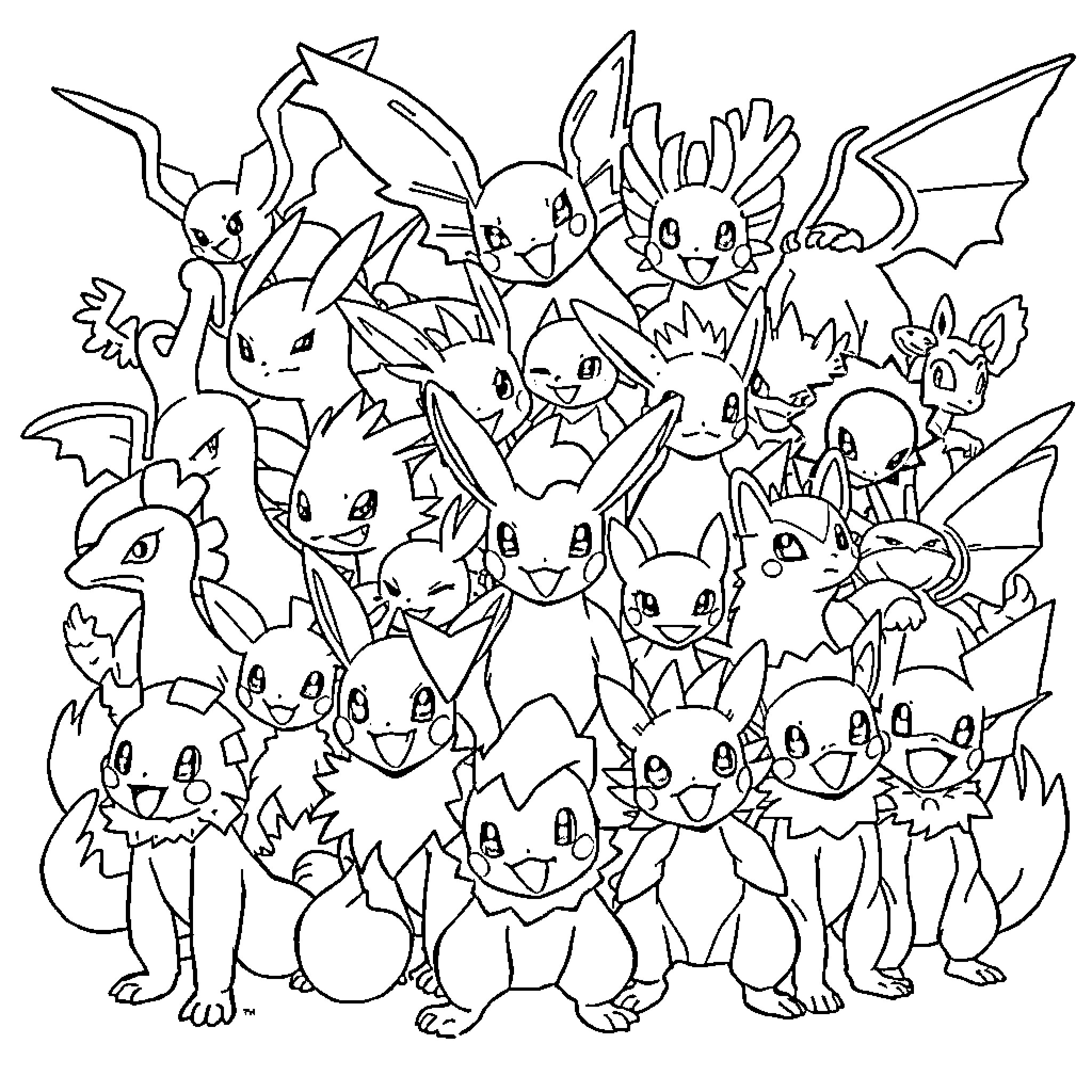 Pokémon characters in an action-packed scene Coloring Page (free black-and-white line drawing printable PDF for all, from beginners to advanced learners, including children, teens, adults, and seniors)