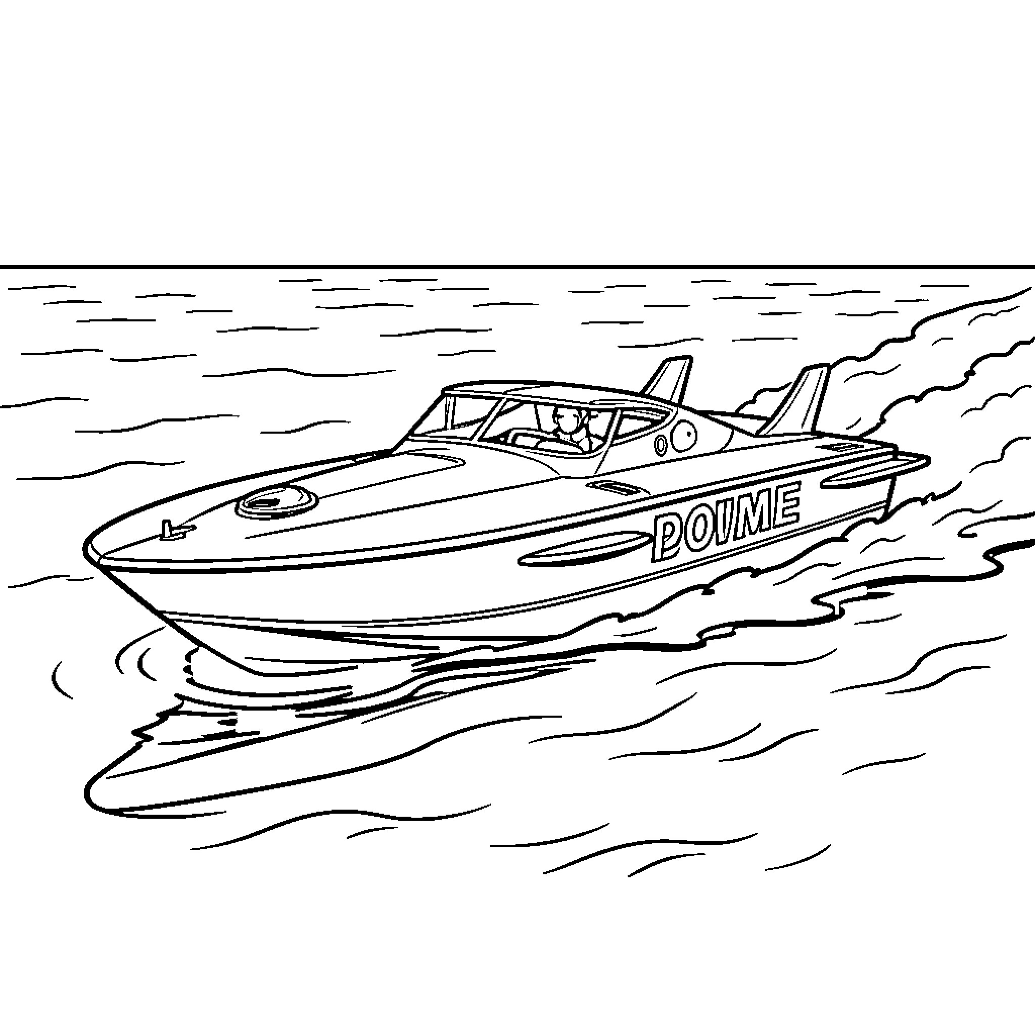 Hydroplane speeding across the waves on the water Coloring Page (free black-and-white line drawing printable PDF for all, from beginners to advanced learners, including children, teens, adults, and seniors)