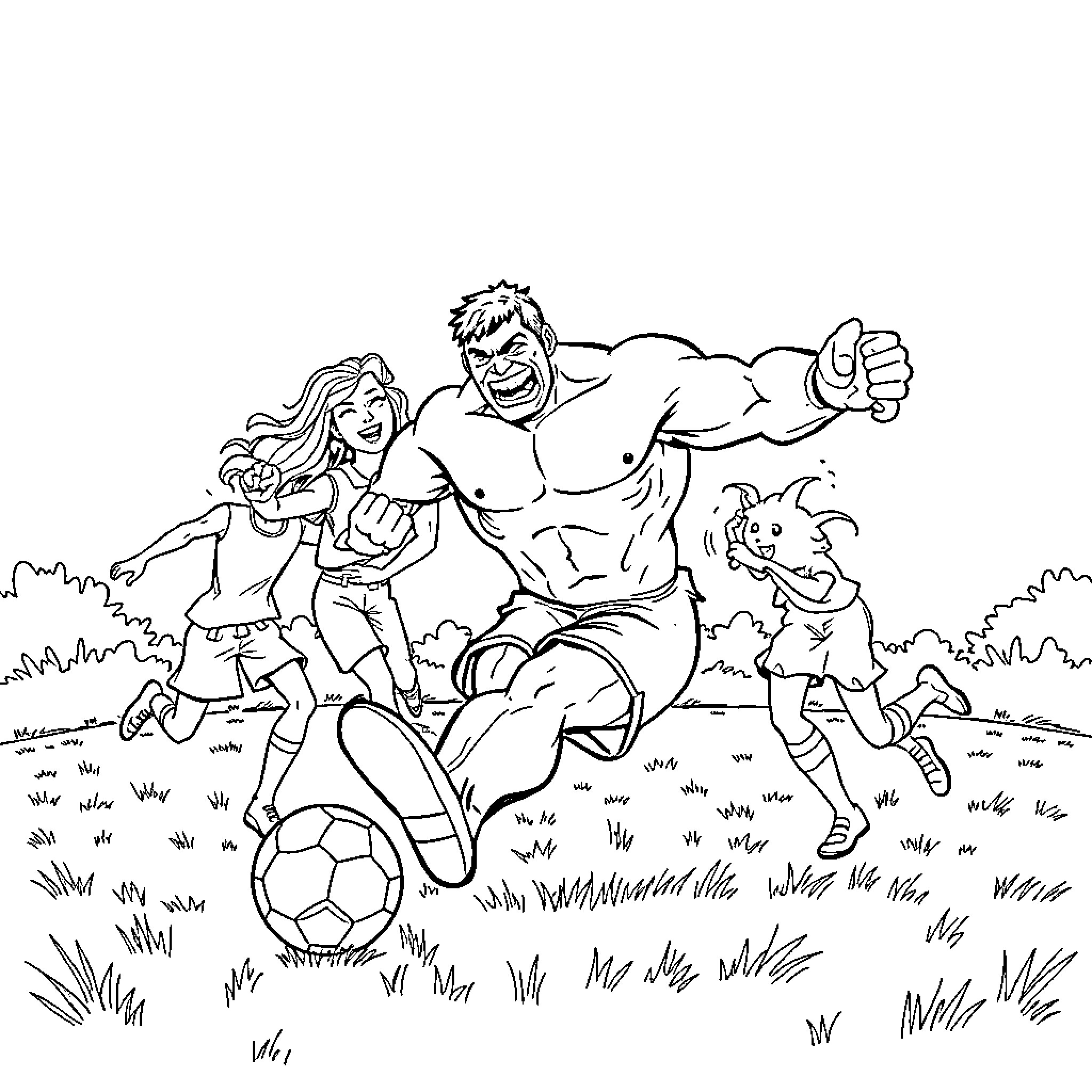Hulk playing soccer with children in the park Coloring Page (free black-and-white line drawing printable PDF for all, from beginners to advanced learners, including children, teens, adults, and seniors)