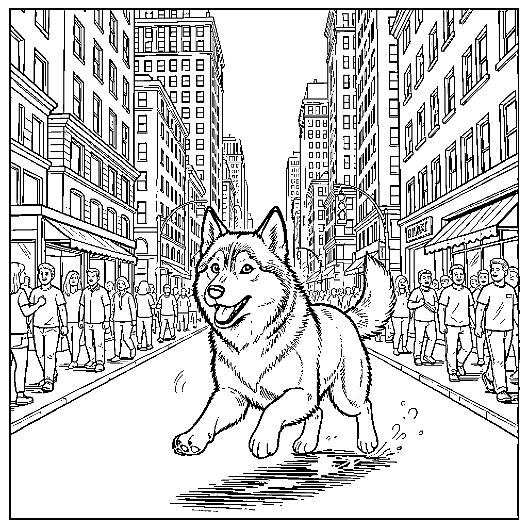 Husky exploring the busy city streets Coloring Page (free black-and-white line drawing printable PDF for all, from beginners to advanced learners, including children, teens, adults, and seniors)