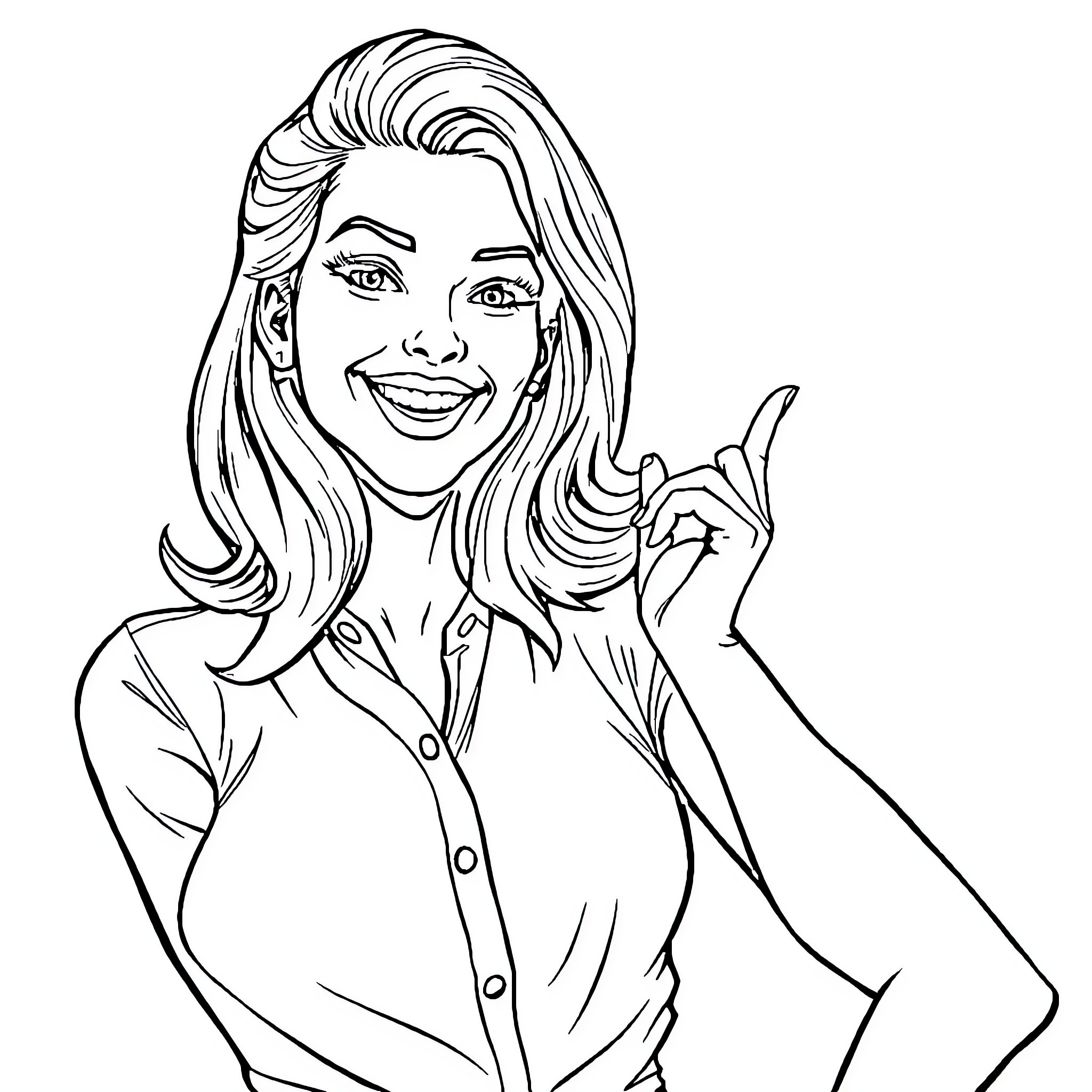 Woman smiling and gesturing positively Coloring Page (free black-and-white line drawing printable PDF for all, from beginners to advanced learners, including children, teens, adults, and seniors)