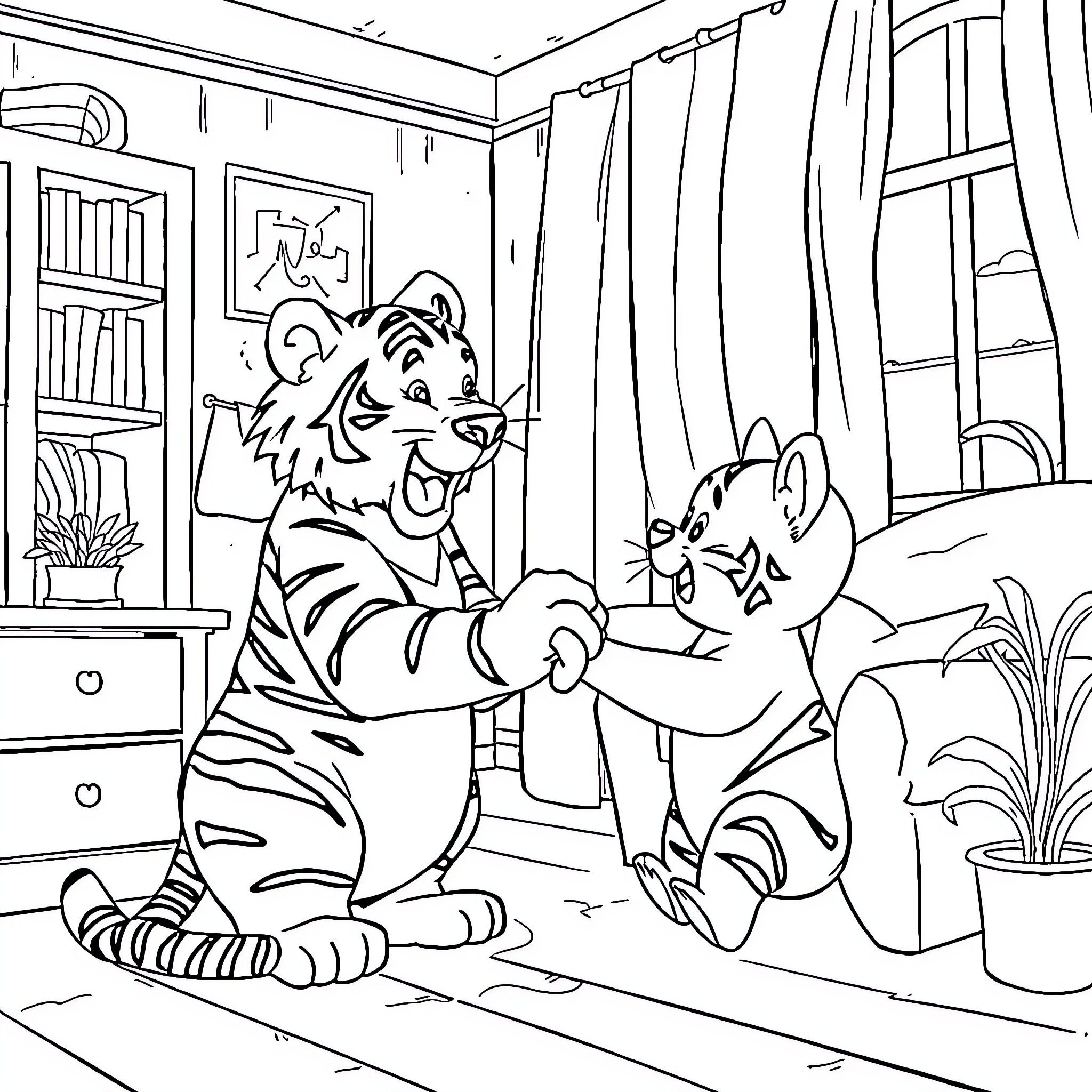 Winnie the Tiger and Friend's Playful Encounter Coloring Page (free black-and-white line drawing printable PDF for all, from beginners to advanced learners, including children, teens, adults, and seniors)