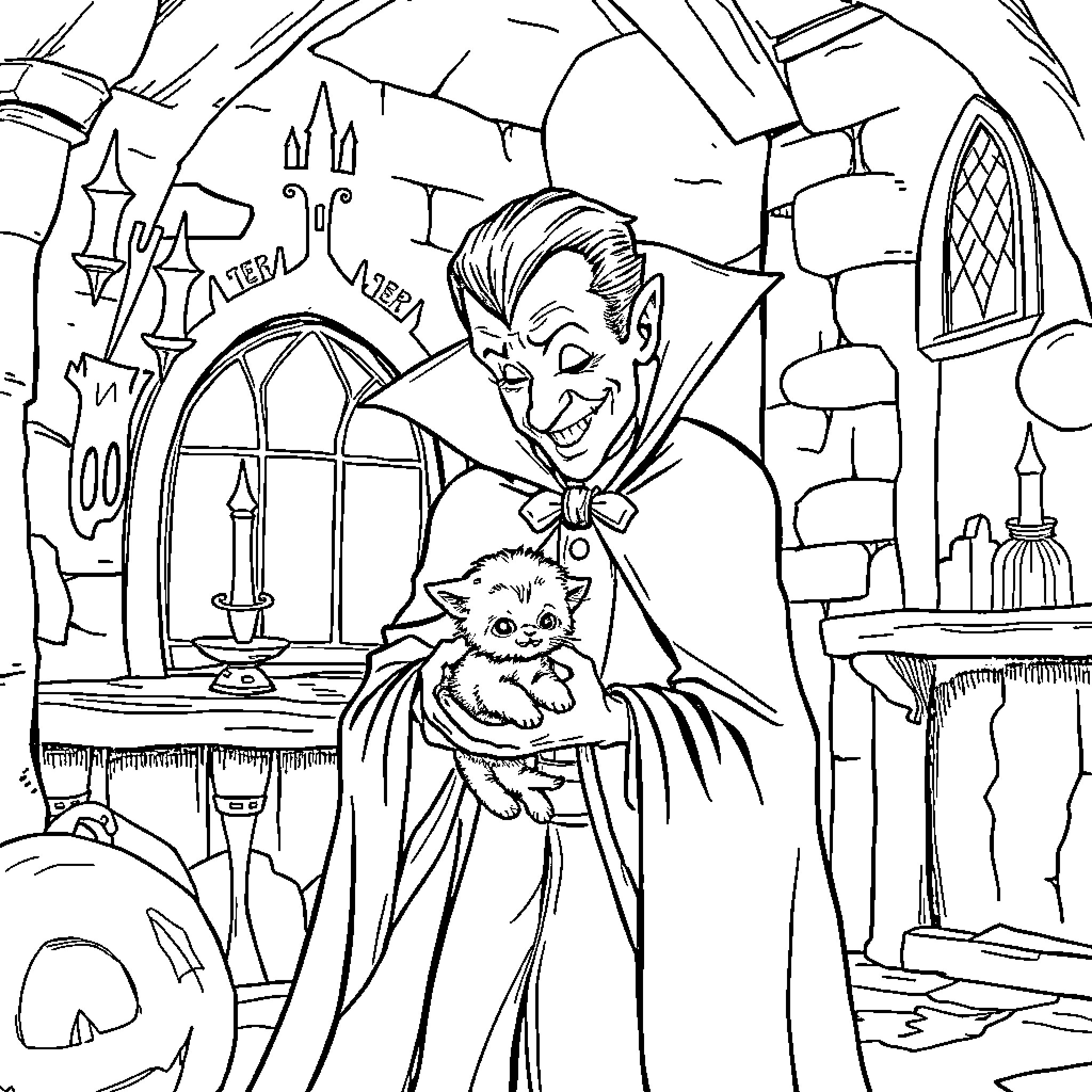 Dracula welcomes a new companion in his castle Coloring Page (free black-and-white line drawing printable PDF for all, from beginners to advanced learners, including children, teens, adults, and seniors)
