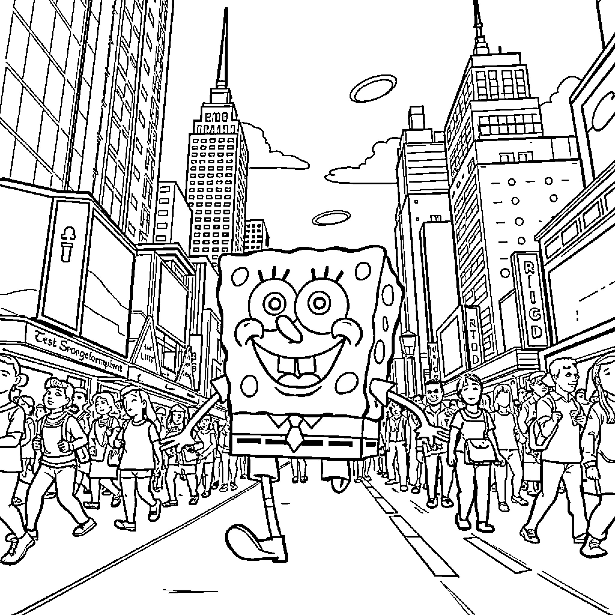 Spongebob in the bustling city streets Coloring Page (free black-and-white line drawing printable PDF for all, from beginners to advanced learners, including children, teens, adults, and seniors)