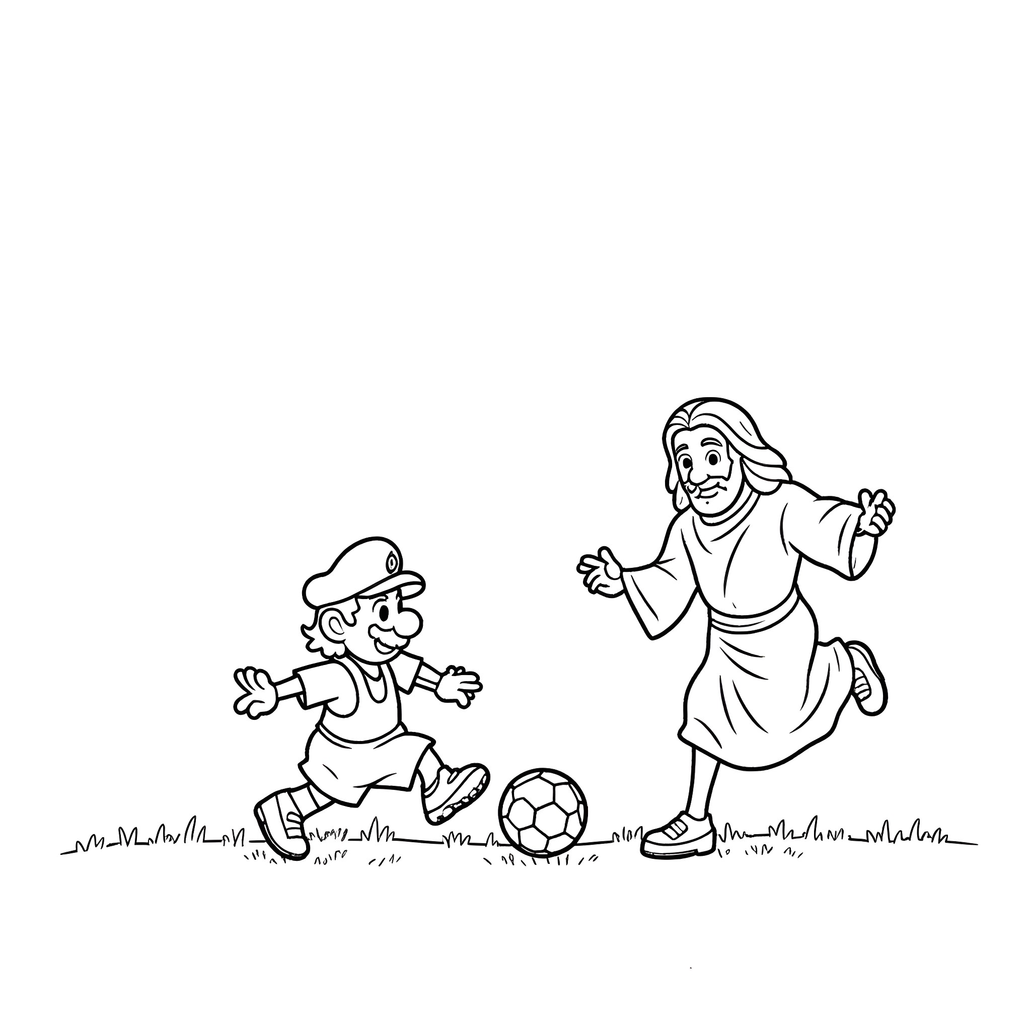 Jesus playing soccer with a young boy Coloring Page (free black-and-white line drawing printable PDF for all, from beginners to advanced learners, including children, teens, adults, and seniors)