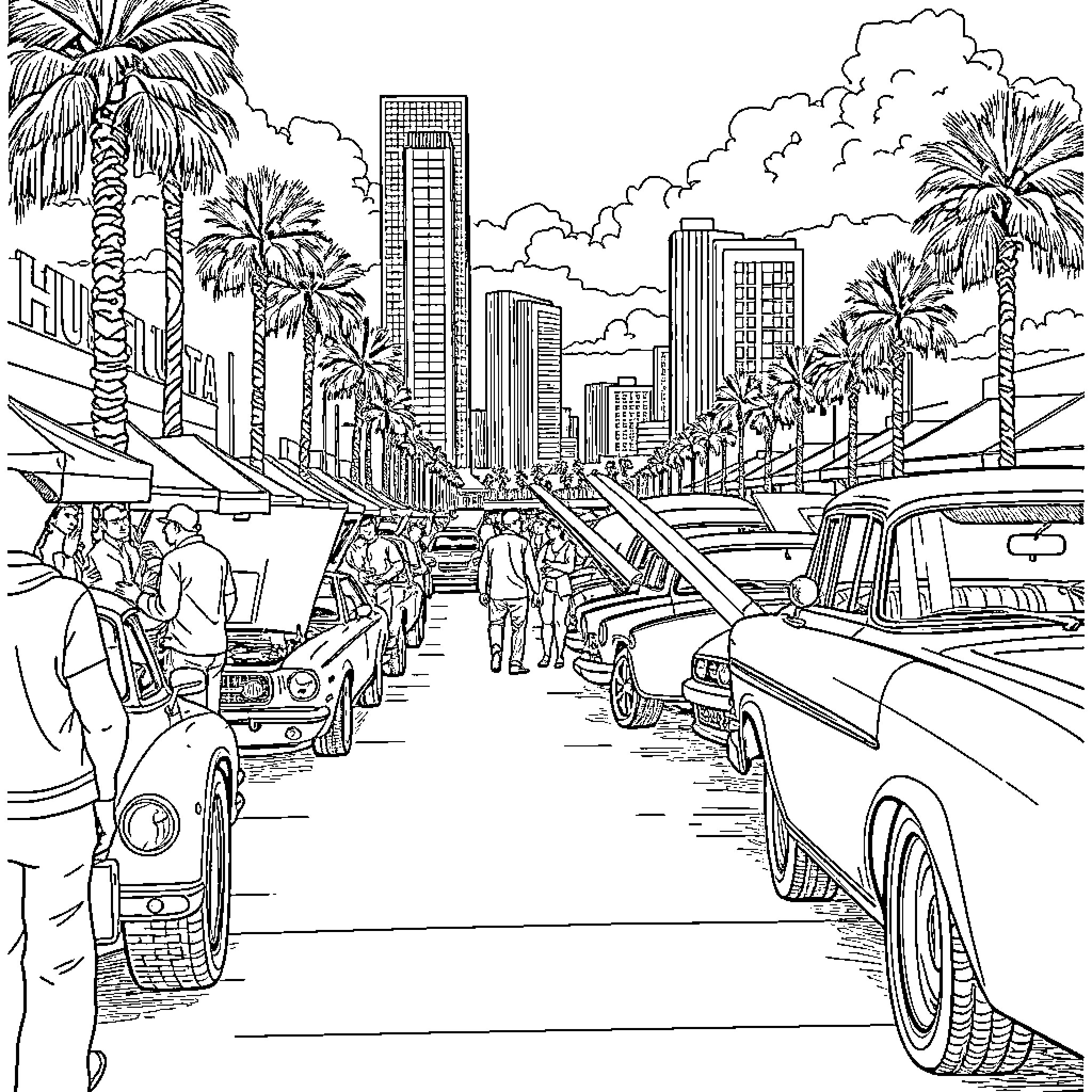Car traffic and pedestrians in busy urban city Coloring Page (free black-and-white line drawing printable PDF for all, from beginners to advanced learners, including children, teens, adults, and seniors)
