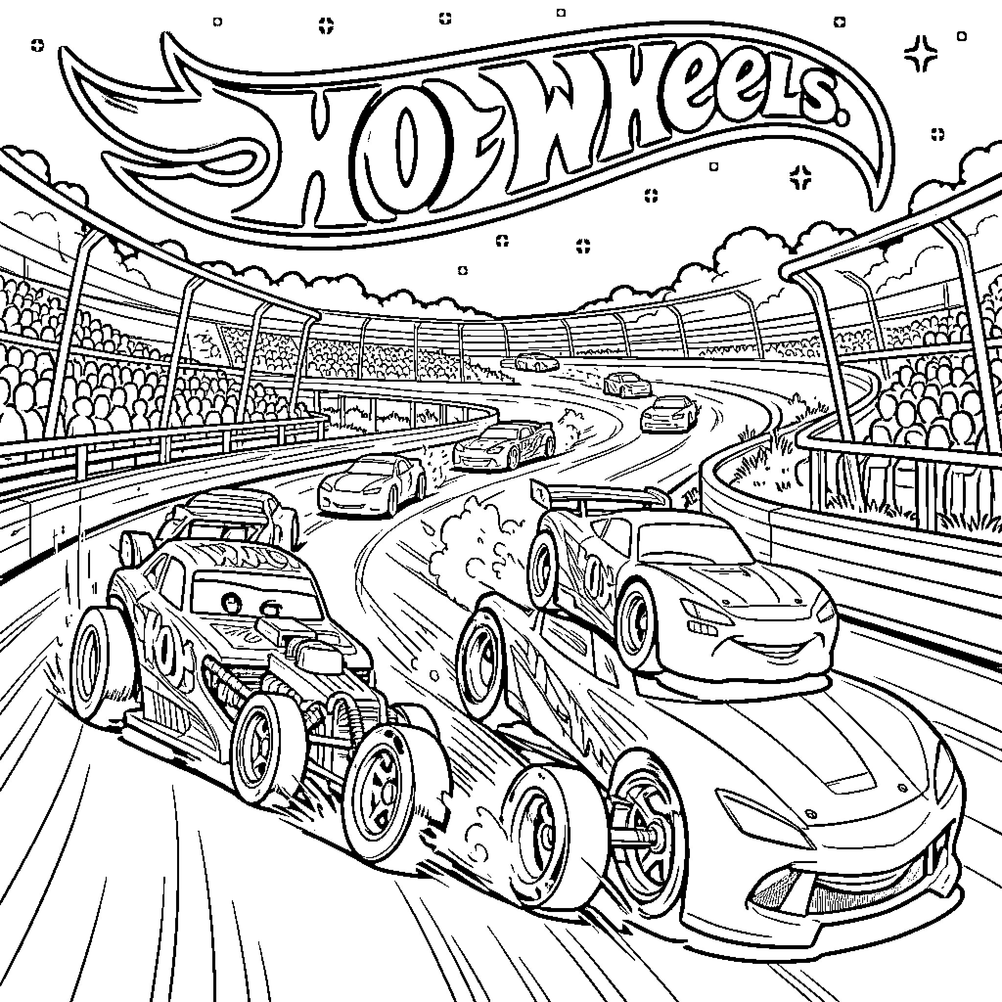 Hot Wheels racing cars speeding around a track Coloring Page (free black-and-white line drawing printable PDF for all, from beginners to advanced learners, including children, teens, adults, and seniors)