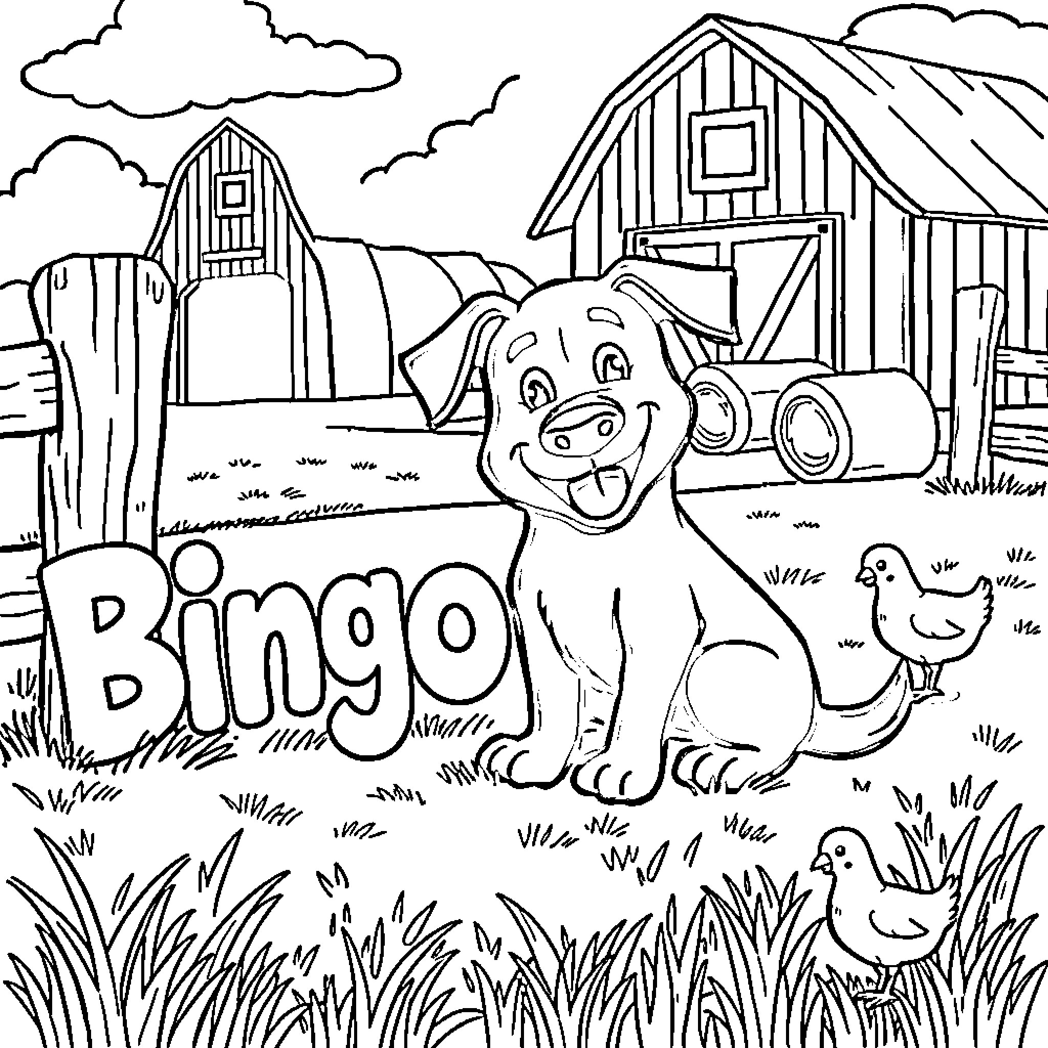 Dog on a farm with a barn and a chicken Coloring Page (free black-and-white line drawing printable PDF for all, from beginners to advanced learners, including children, teens, adults, and seniors)