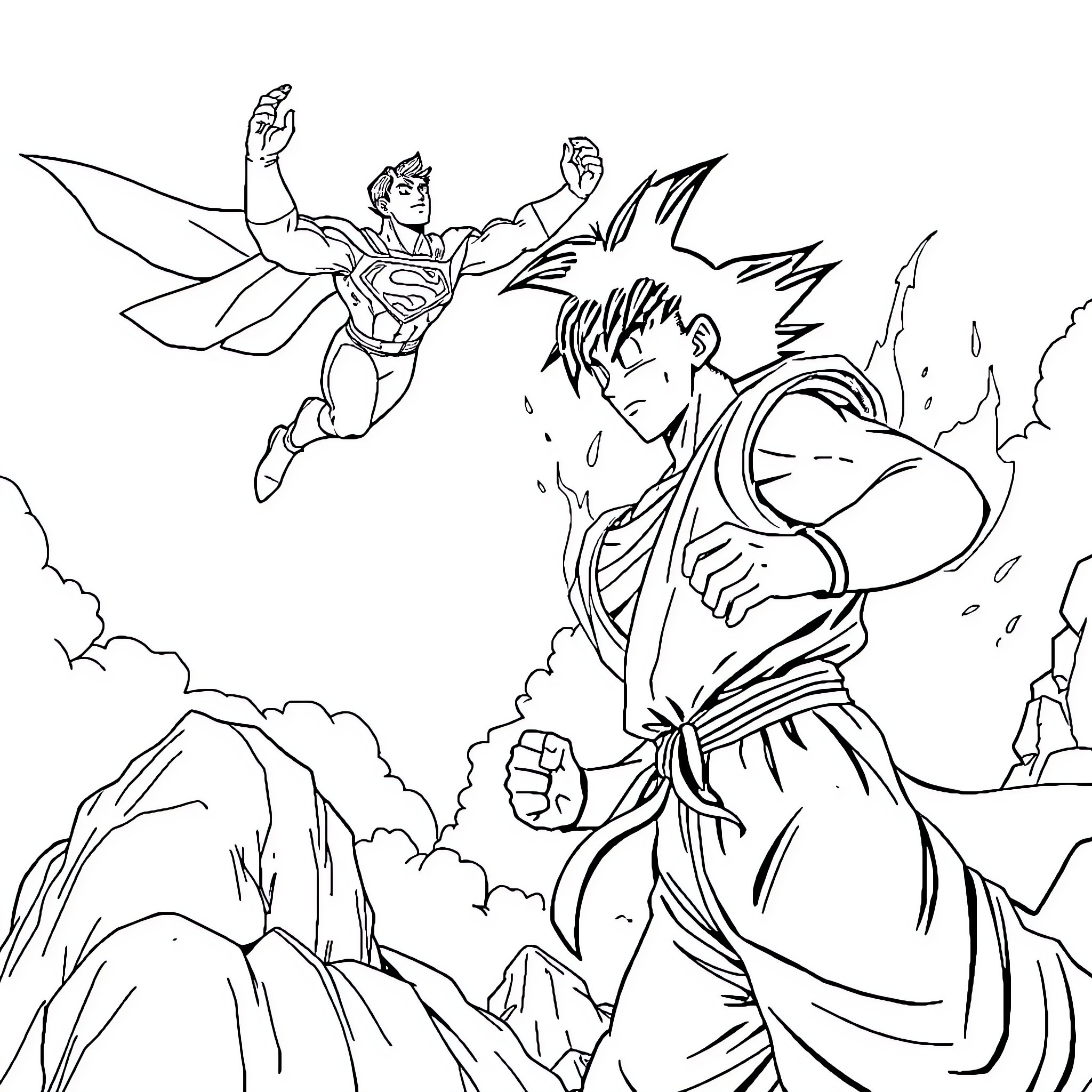 Superman battles a powerful foe in an epic showdown Coloring Page (free black-and-white line drawing printable PDF for all, from beginners to advanced learners, including children, teens, adults, and seniors)