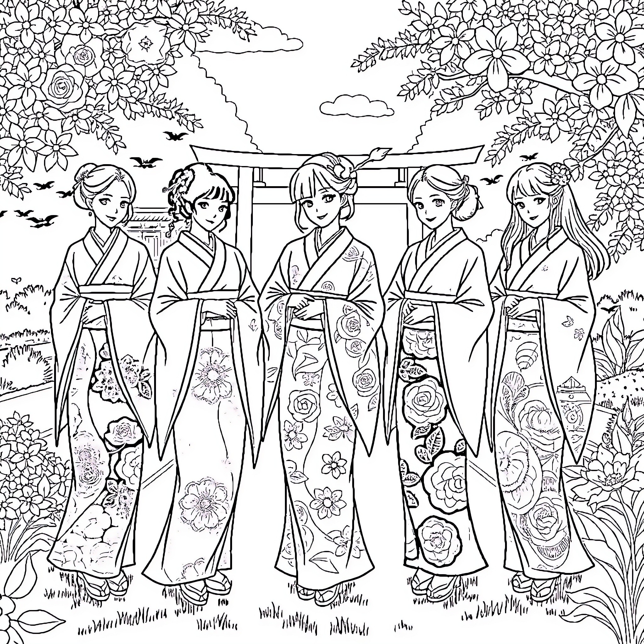 Women in Ornate Kimonos Amid Floral Scenery Coloring Page (free black-and-white line drawing printable PDF for all, from beginners to advanced learners, including children, teens, adults, and seniors)
