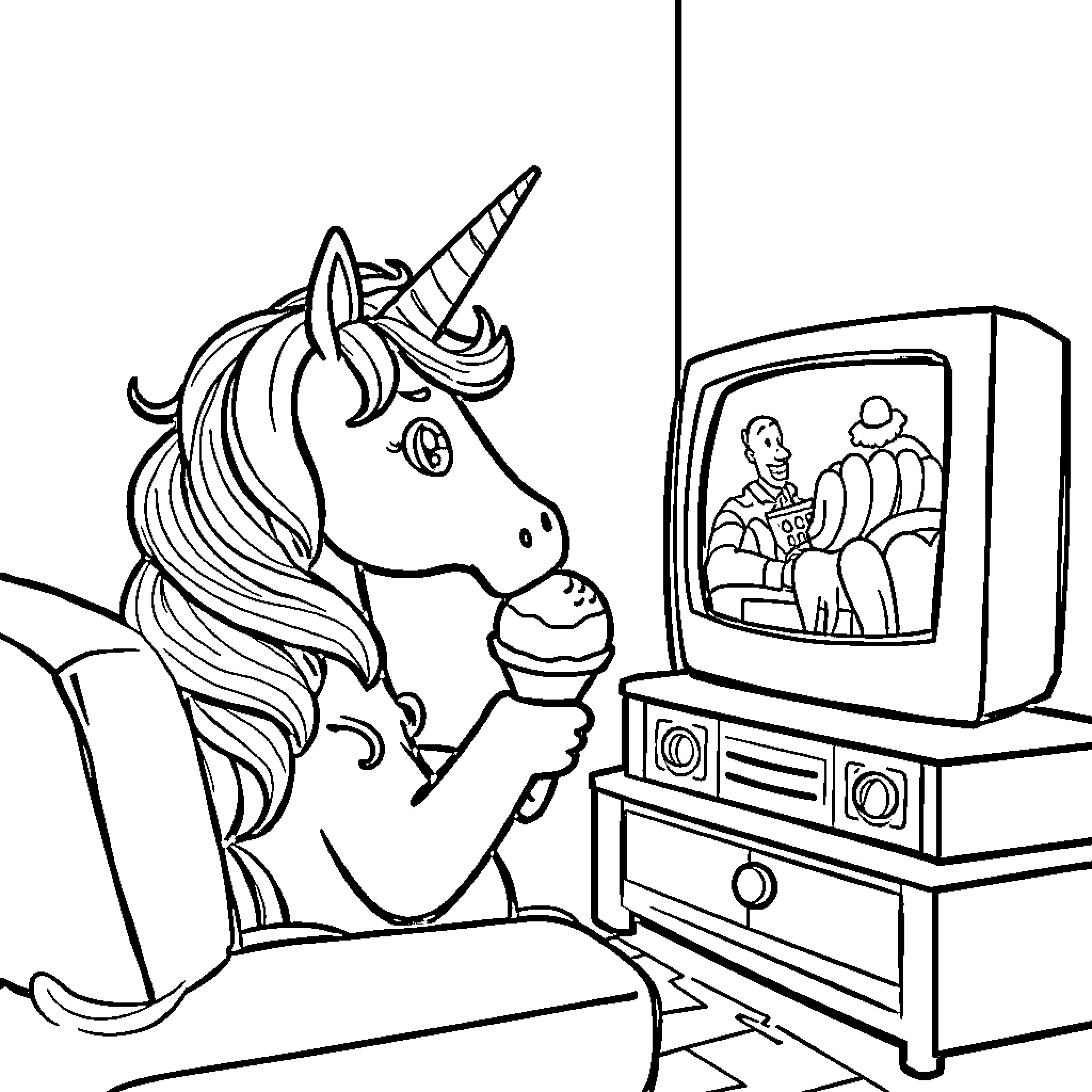 Licorne watching television and enjoying a treat Coloring Page (free black-and-white line drawing printable PDF for all, from beginners to advanced learners, including children, teens, adults, and seniors)