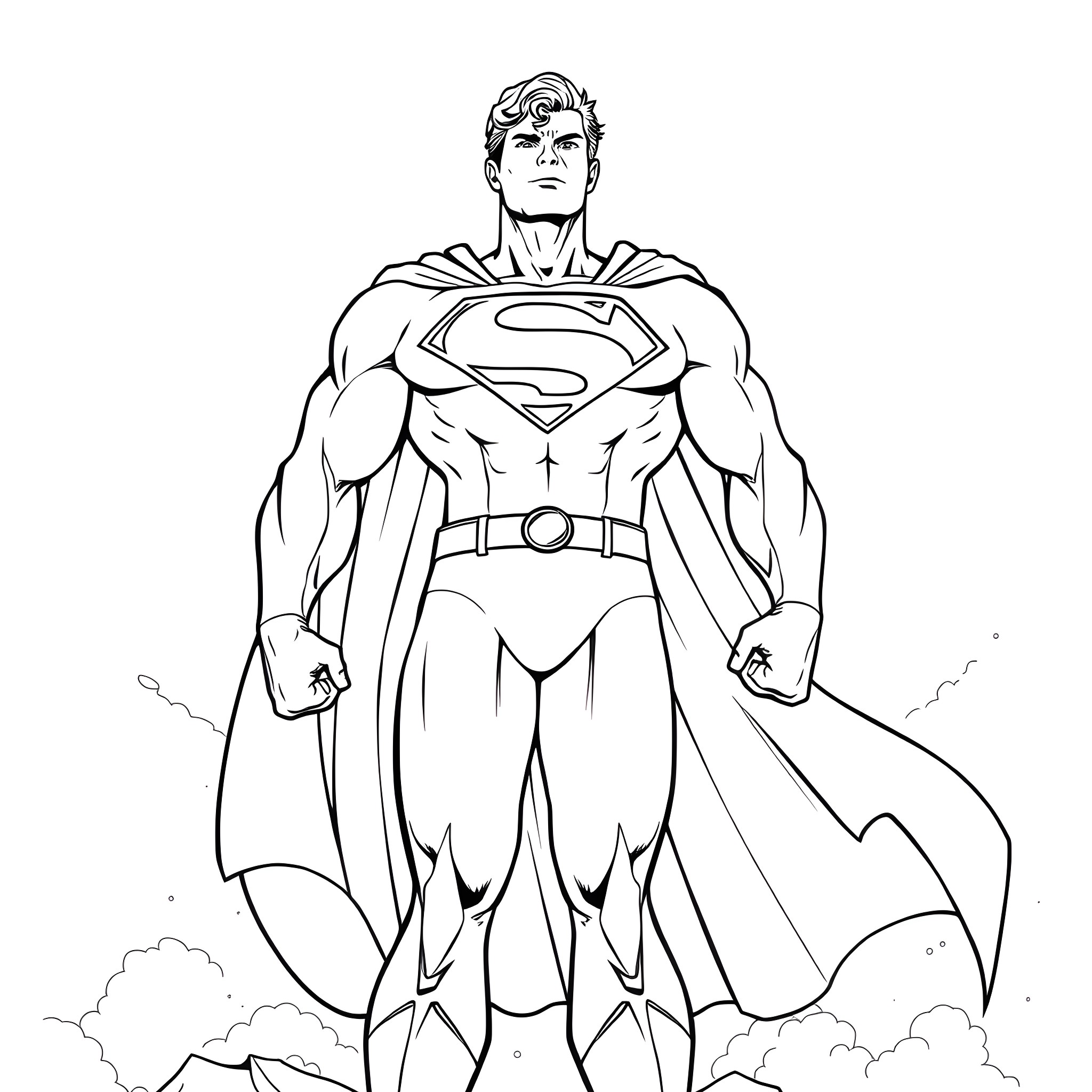 Superman standing heroically with outstretched arms Coloring Page (free black-and-white line drawing printable PDF for all, from beginners to advanced learners, including children, teens, adults, and seniors)