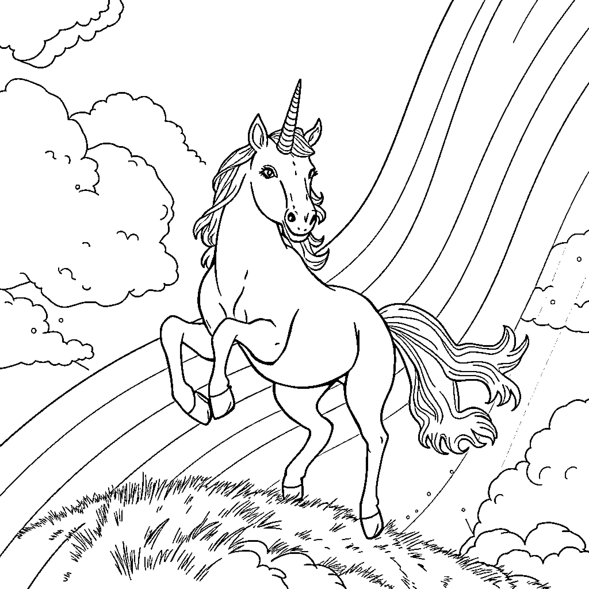 Unicorn galloping through a magical landscape Coloring Page (free black-and-white line drawing printable PDF for all, from beginners to advanced learners, including children, teens, adults, and seniors)
