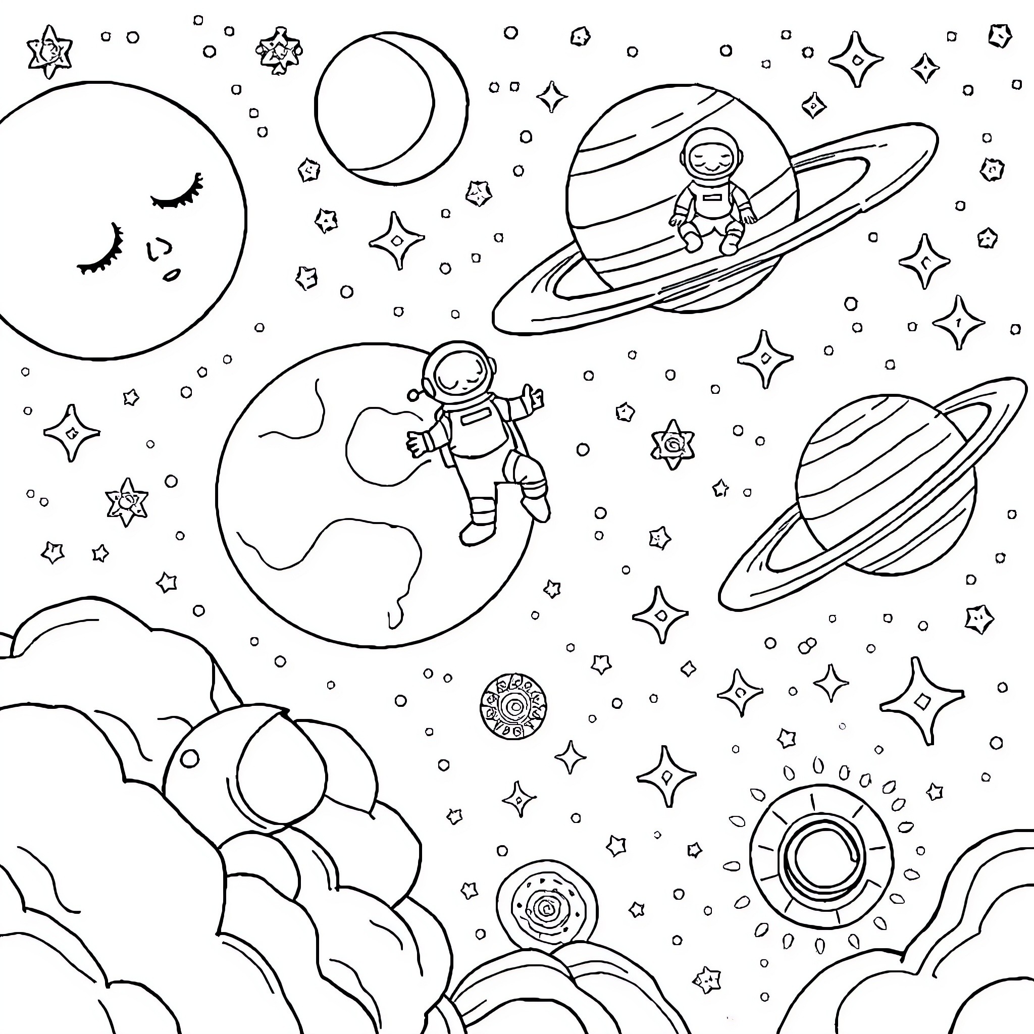 Space exploration with astronauts and celestial objects Coloring Page (free black-and-white line drawing printable PDF for all, from beginners to advanced learners, including children, teens, adults, and seniors)