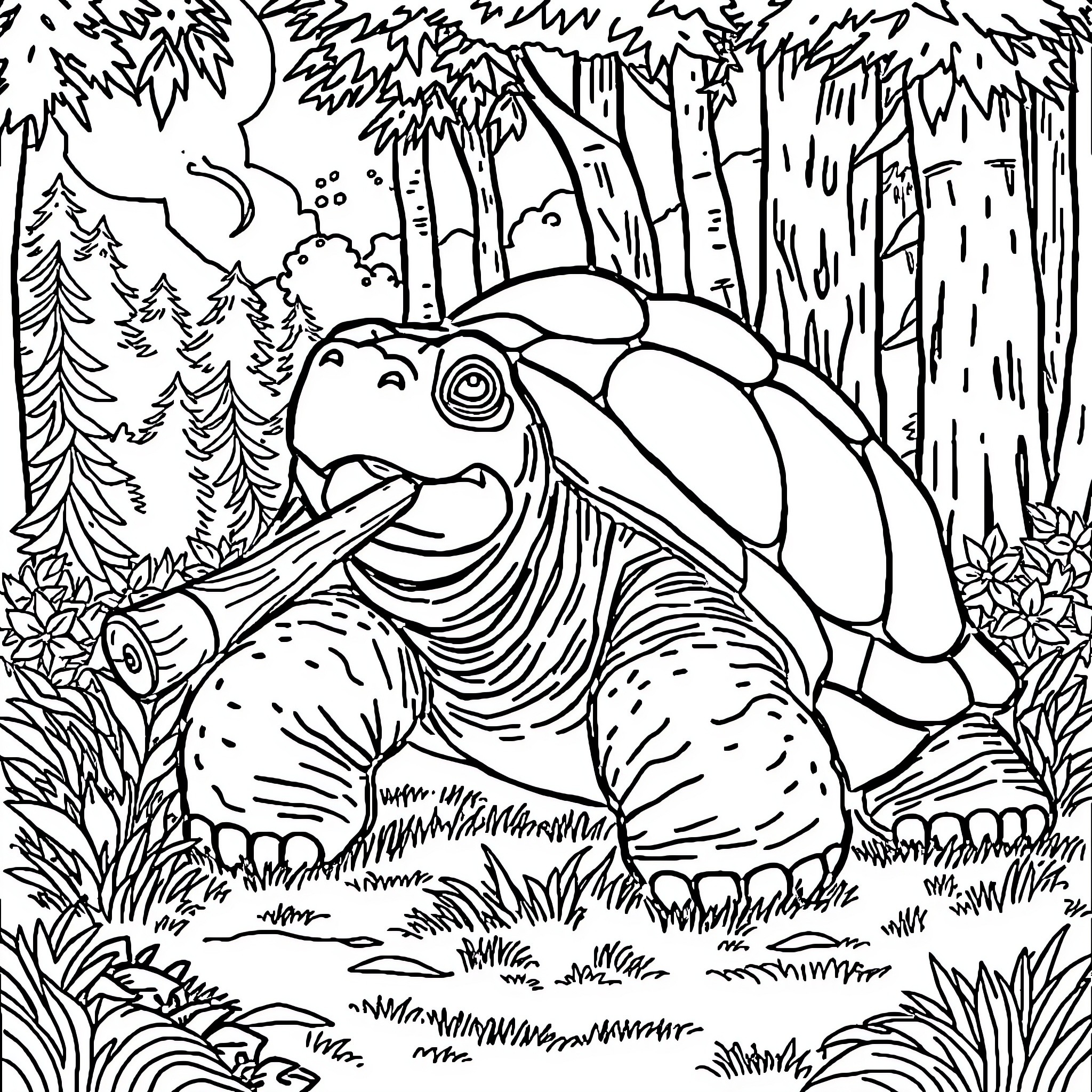 Buffalo-Turtle strolling through the lush forest Coloring Page (free black-and-white line drawing printable PDF for all, from beginners to advanced learners, including children, teens, adults, and seniors)