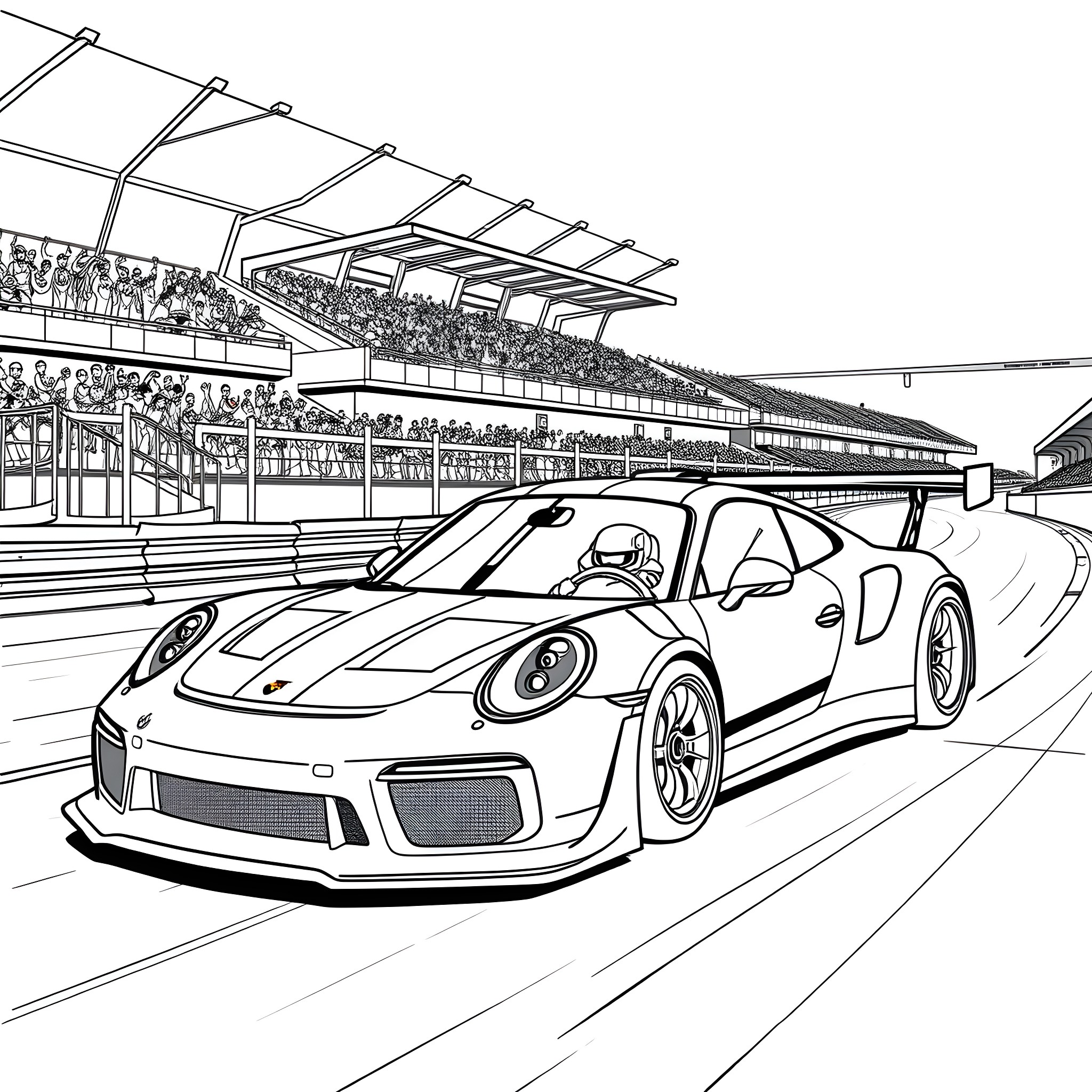 Porsche Racing on the Track Coloring Page (free black-and-white line drawing printable PDF for all, from beginners to advanced learners, including children, teens, adults, and seniors)